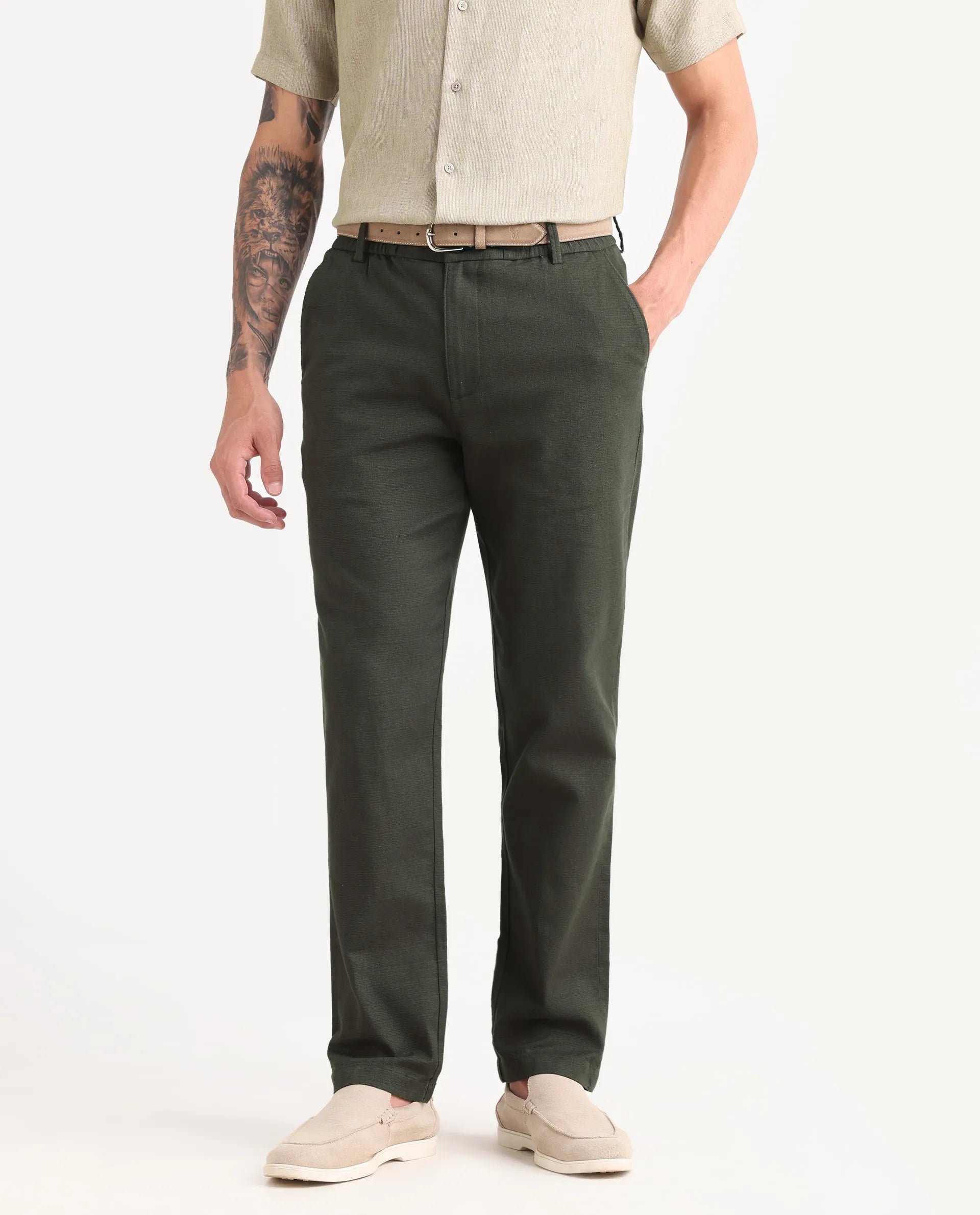 Rare Rabbit Men's Oros Dark Green Cotton Blend Fabric Regular Fit Plain Trouser