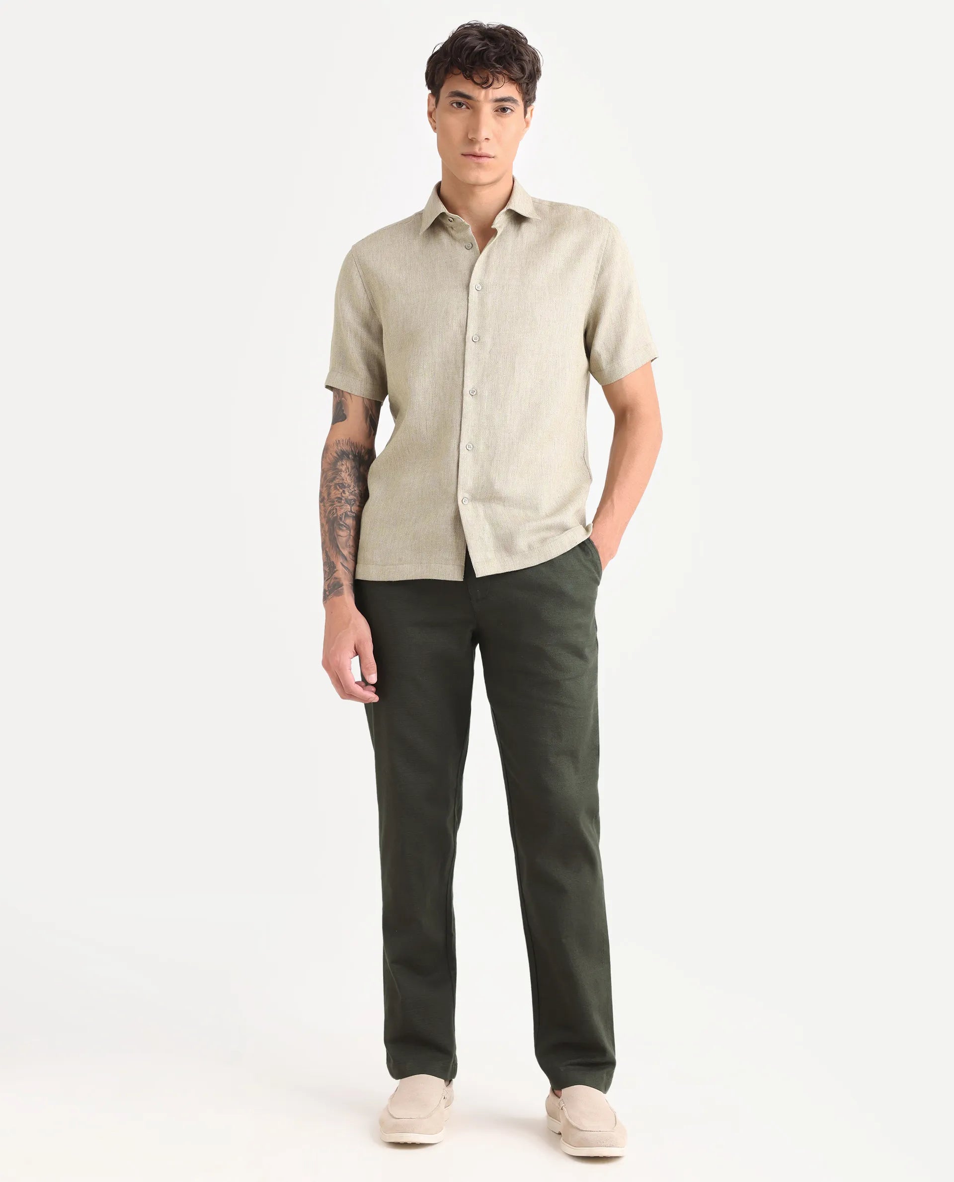 Rare Rabbit Men's Oros Dark Green Cotton Blend Fabric Regular Fit Plain Trouser