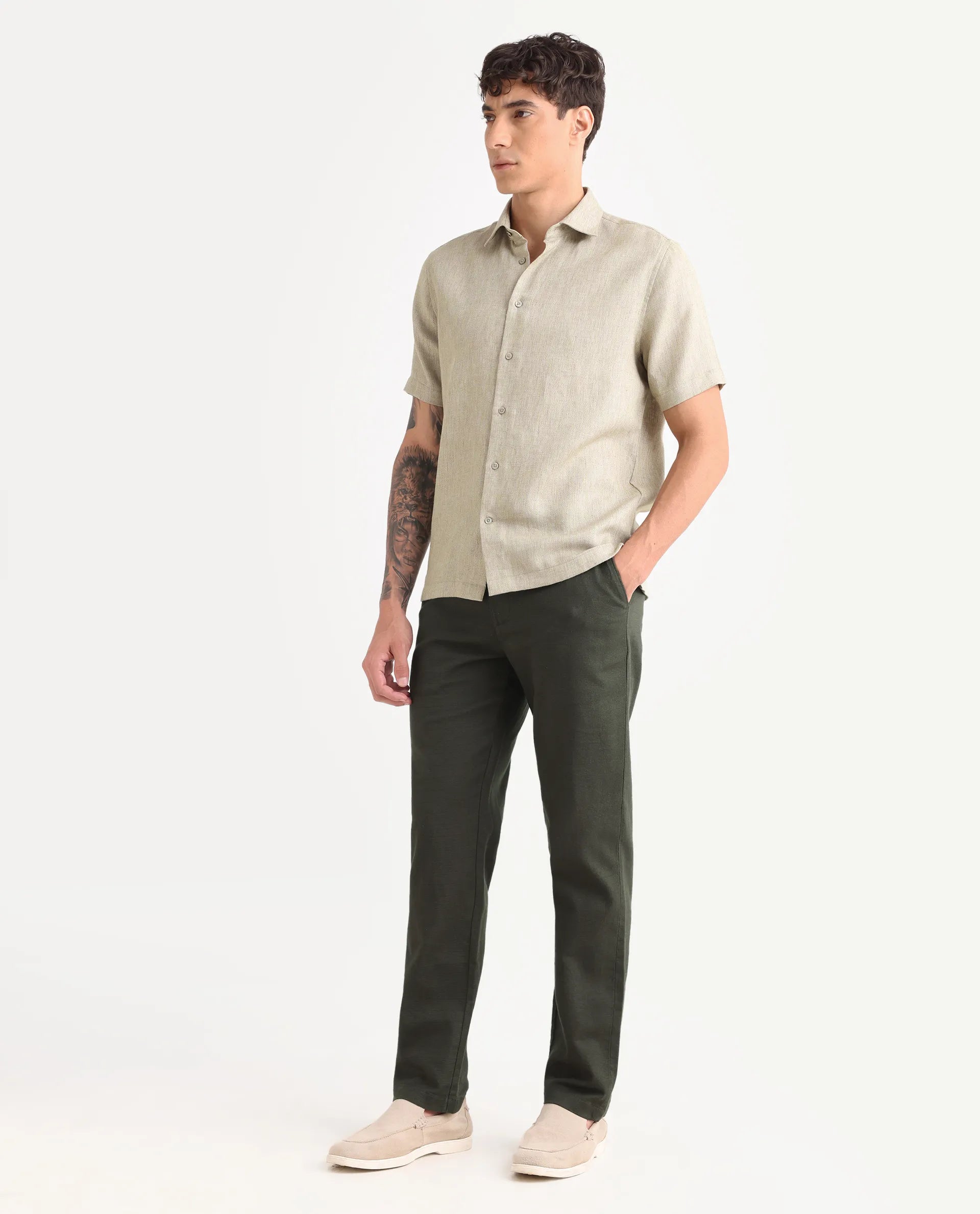 Rare Rabbit Men's Oros Dark Green Cotton Blend Fabric Regular Fit Plain Trouser