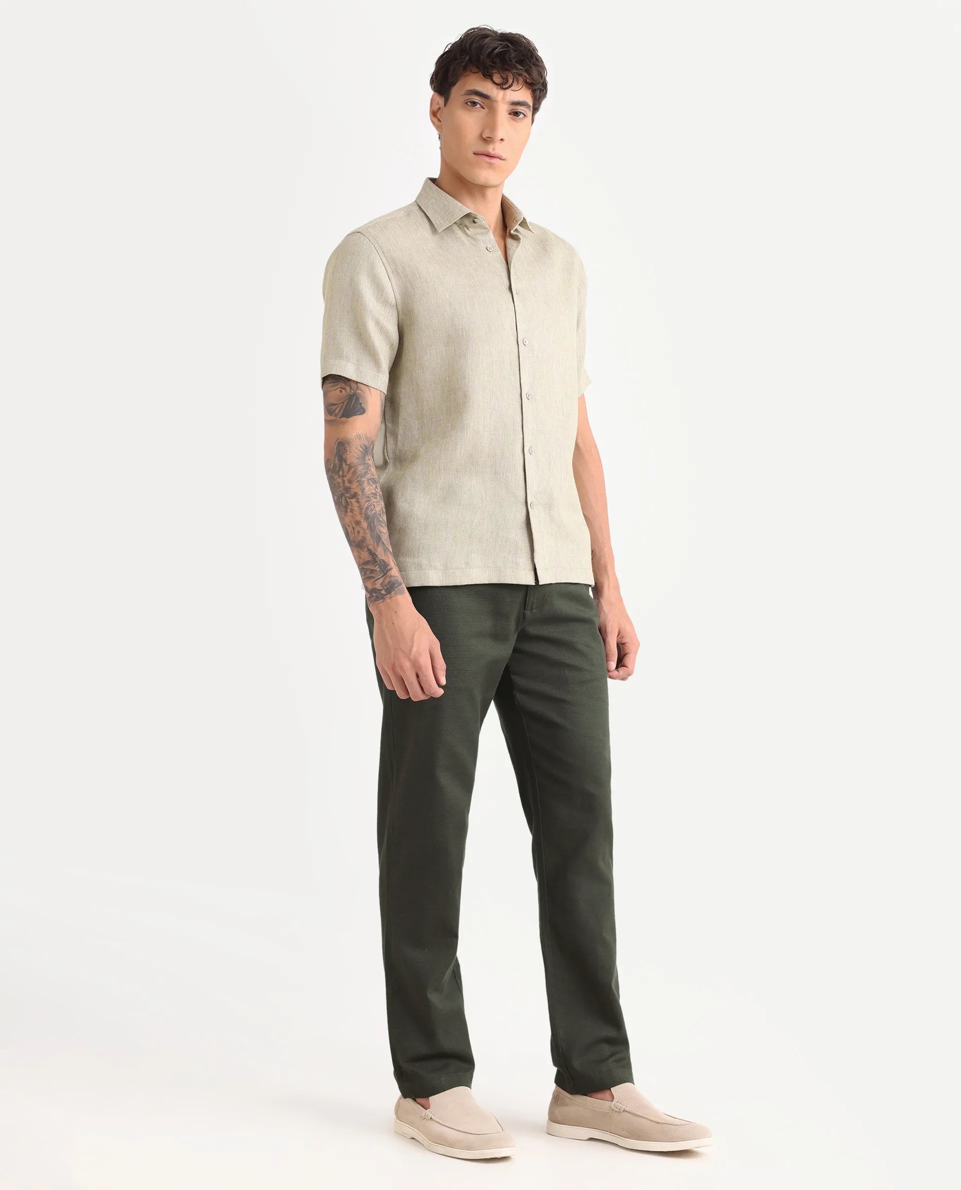 Rare Rabbit Men's Oros Dark Green Cotton Blend Fabric Regular Fit Plain Trouser