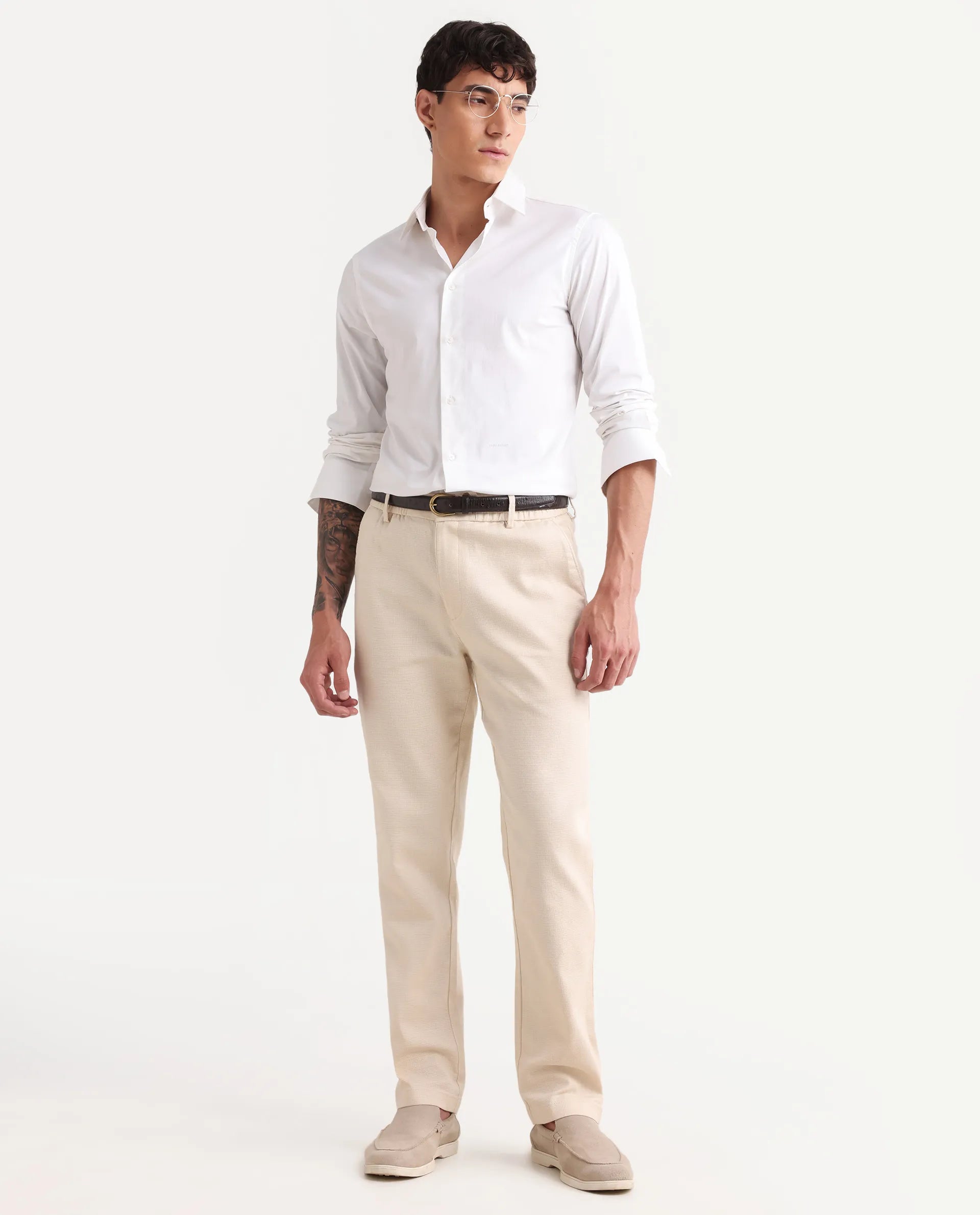 Rare Rabbit Men's Oros Light Beige Cotton Blend Fabric Regular Fit Plain Trouser