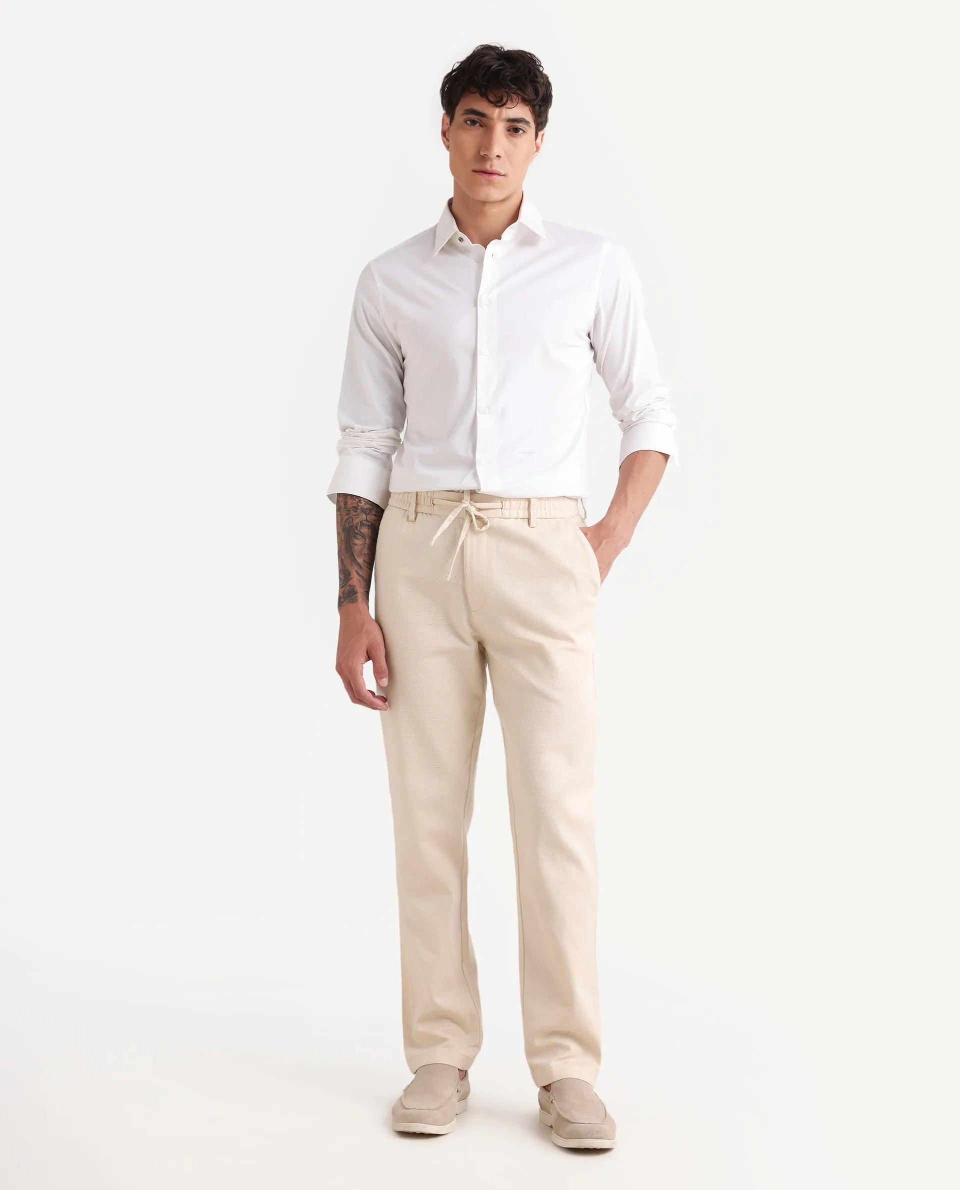 Rare Rabbit Men's Oros Light Beige Cotton Blend Fabric Regular Fit Plain Trouser