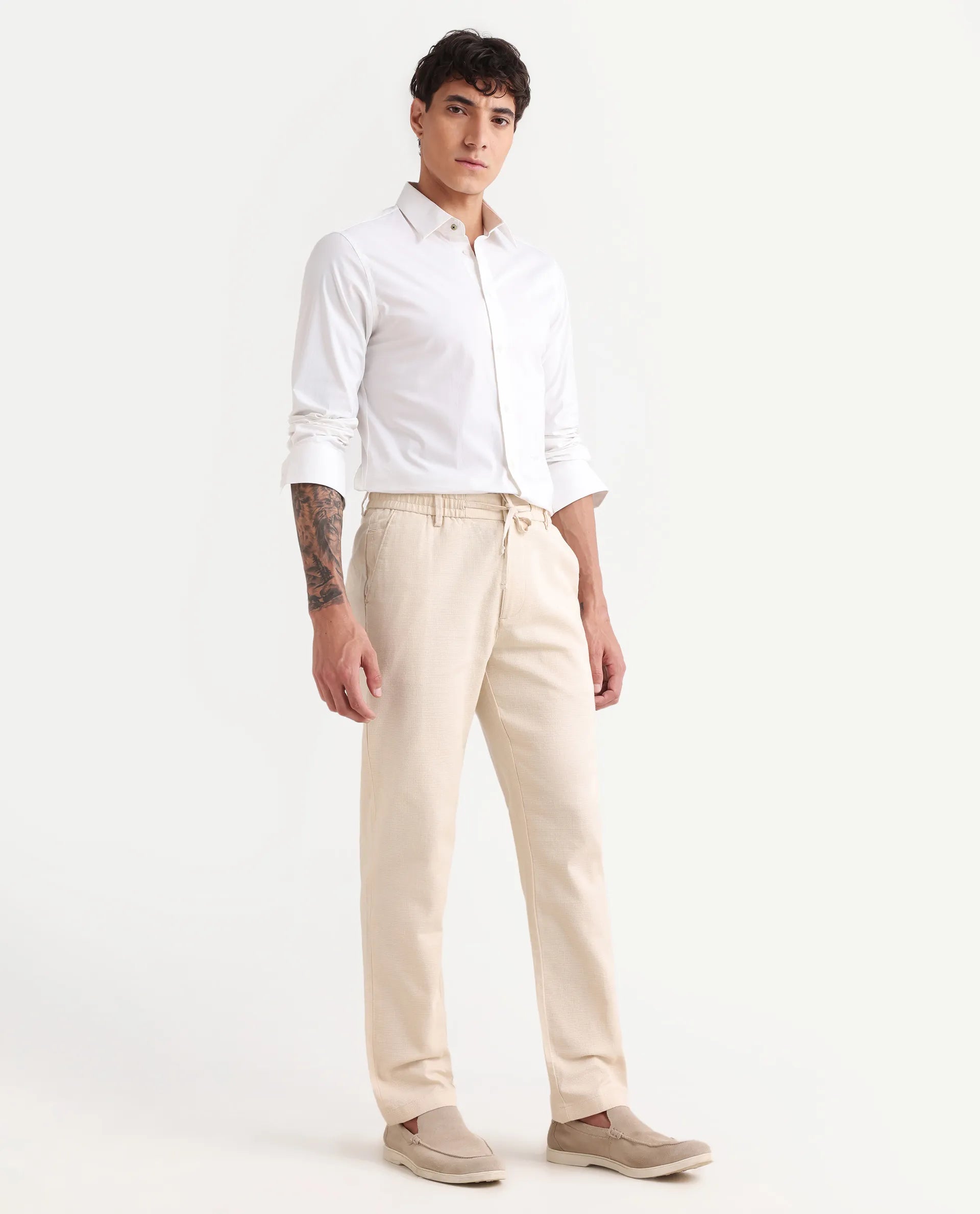 Rare Rabbit Men's Oros Light Beige Cotton Blend Fabric Regular Fit Plain Trouser
