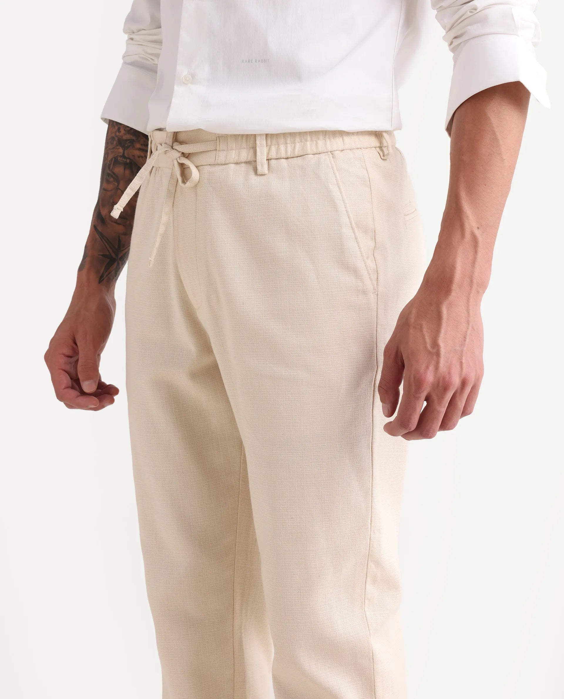 Rare Rabbit Men's Oros Light Beige Cotton Blend Fabric Regular Fit Plain Trouser