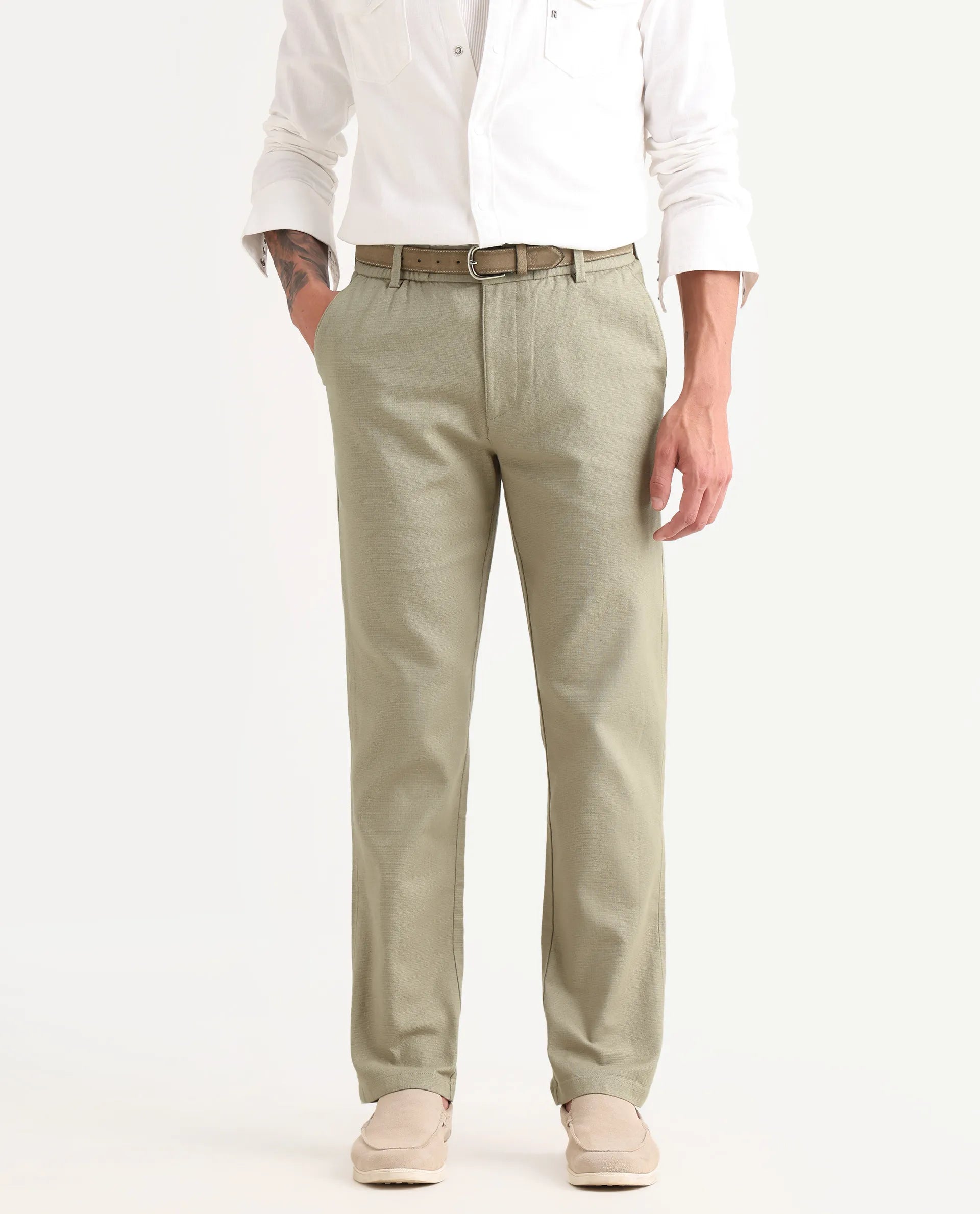 Rare Rabbit Men's Oros Light Olive Cotton Blend Fabric Regular Fit Plain Trouser