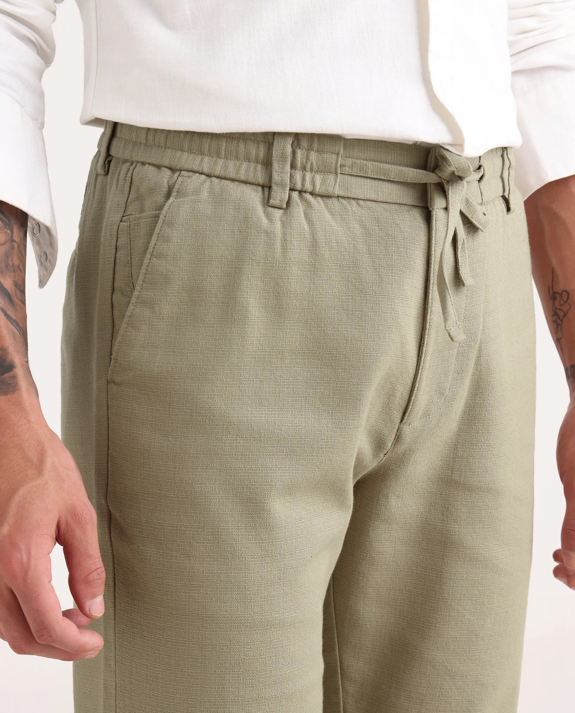 Rare Rabbit Men's Oros Light Olive Cotton Blend Fabric Regular Fit Plain Trouser
