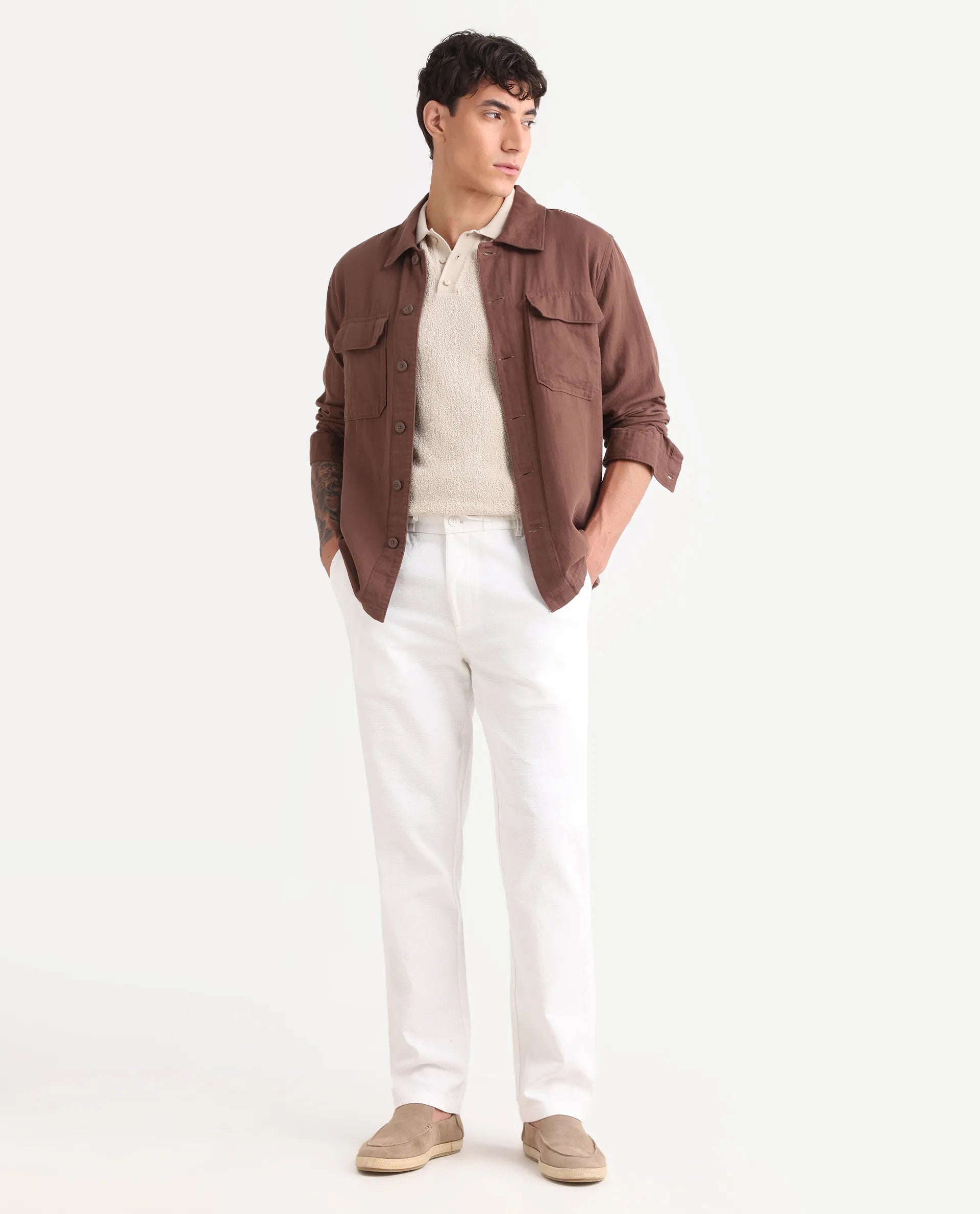 Rare Rabbit Men's Oros White Cotton Blend Fabric Regular Fit Plain Trouser