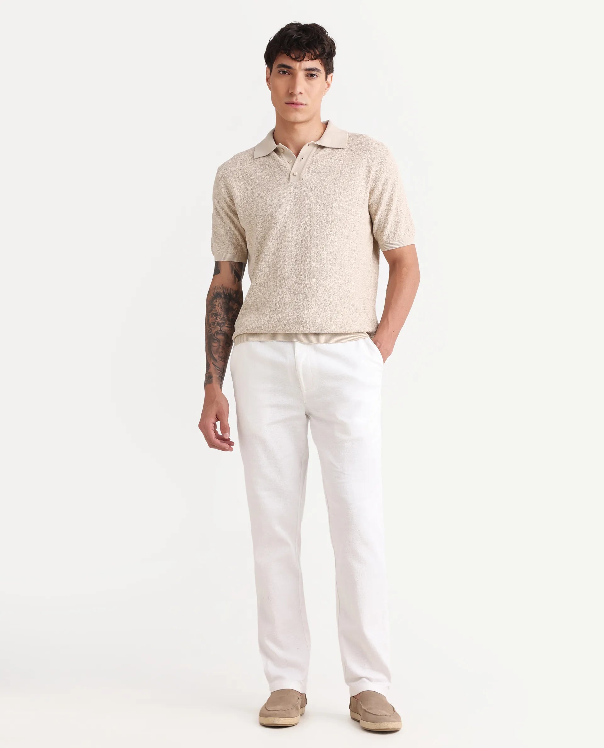 Rare Rabbit Men's Oros White Cotton Blend Fabric Regular Fit Plain Trouser