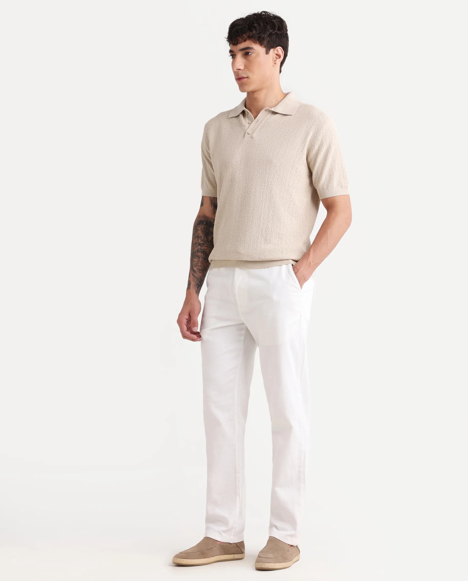 Rare Rabbit Men's Oros White Cotton Blend Fabric Regular Fit Plain Trouser