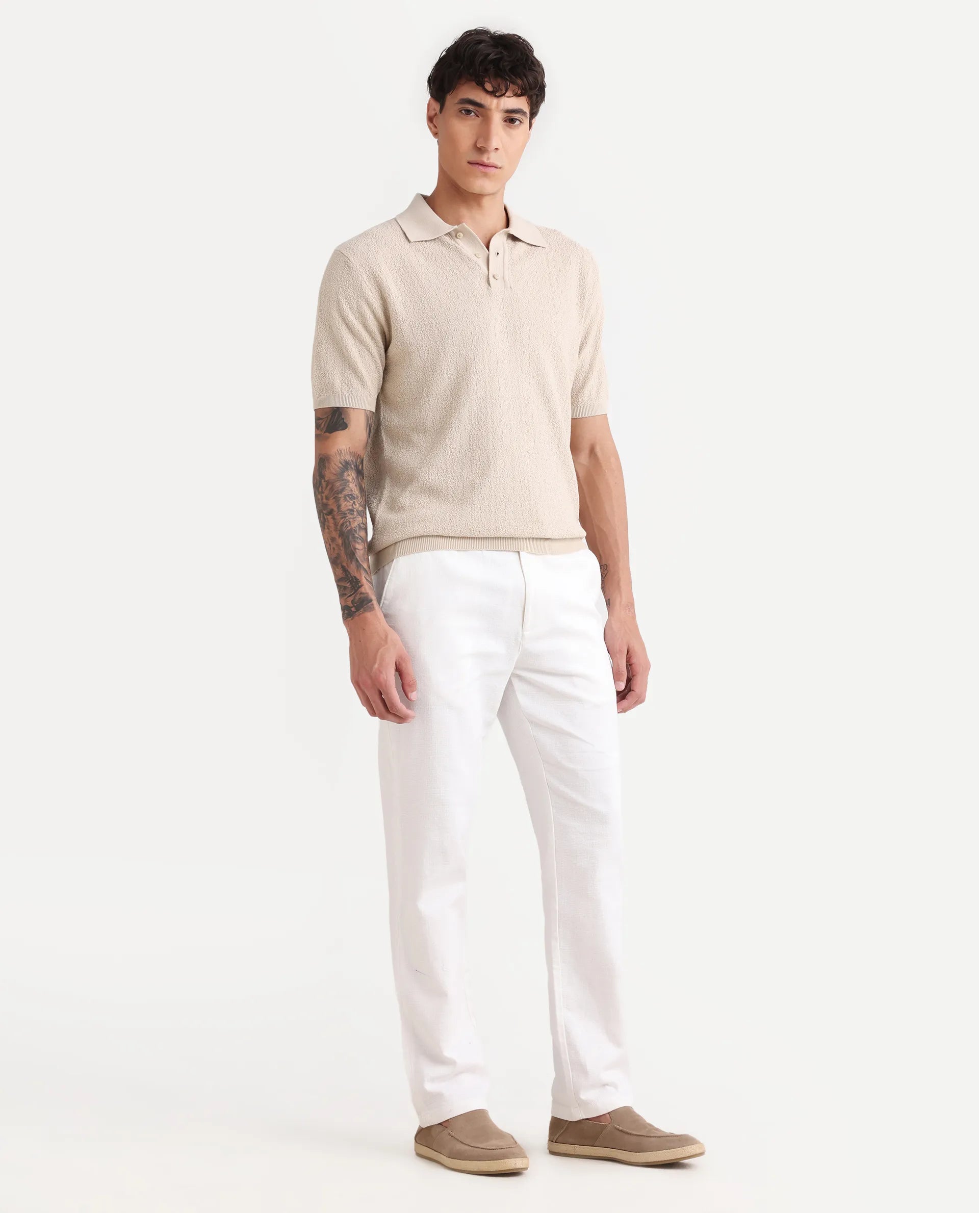 Rare Rabbit Men's Oros White Cotton Blend Fabric Regular Fit Plain Trouser