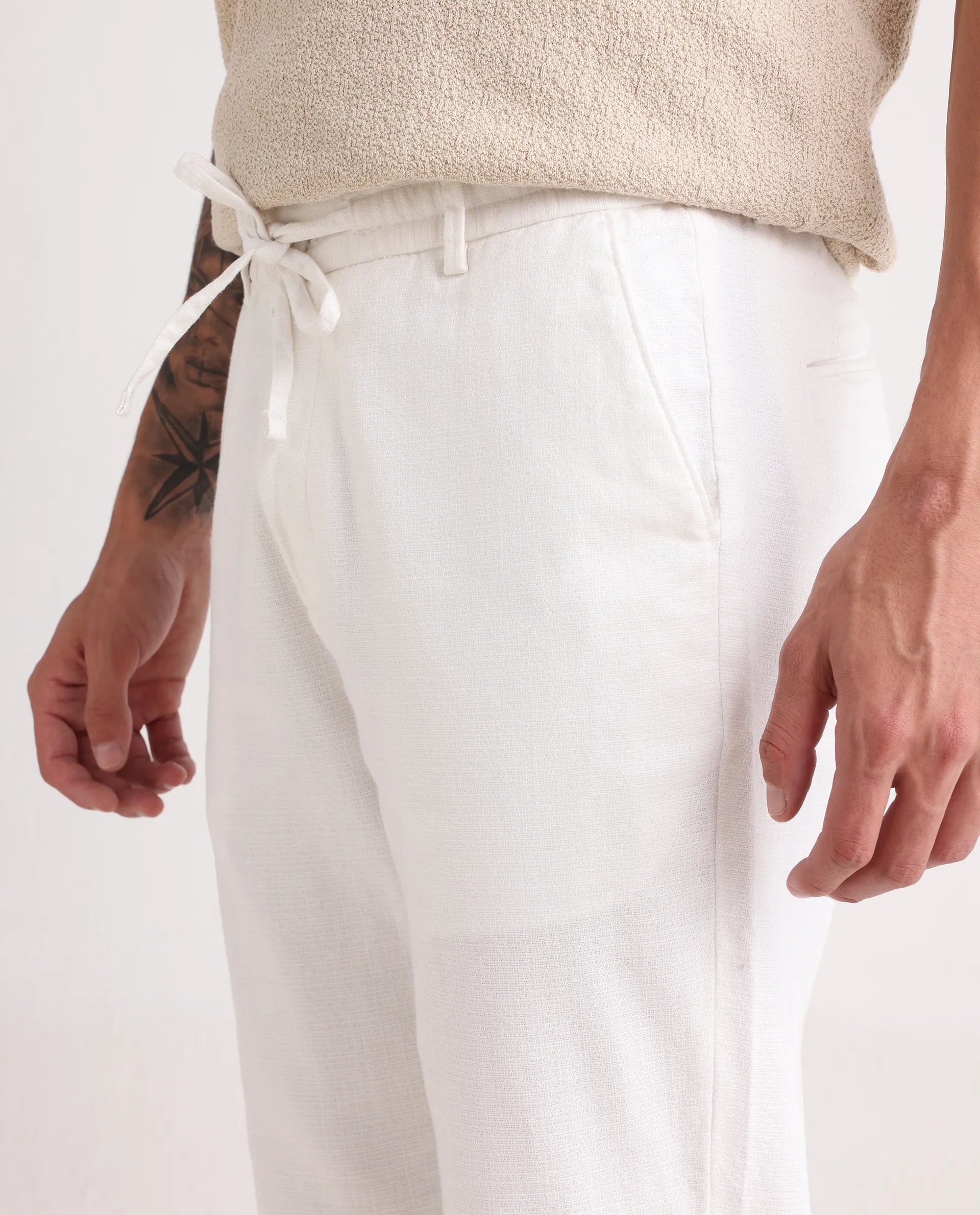 Rare Rabbit Men's Oros White Cotton Blend Fabric Regular Fit Plain Trouser