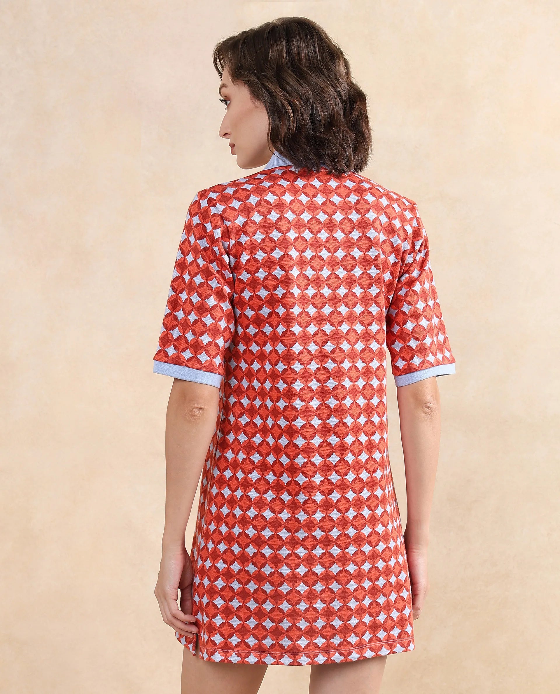 Rareism Women Orri Multi Cotton Fabric Short Sleeve Ribbed Collar Relaxed Fit Midi Geometric Jacquard Dress