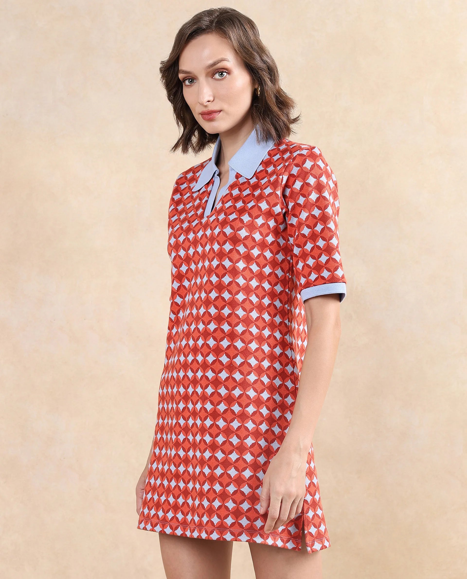 Rareism Women Orri Multi Cotton Fabric Short Sleeve Ribbed Collar Relaxed Fit Midi Geometric Jacquard Dress