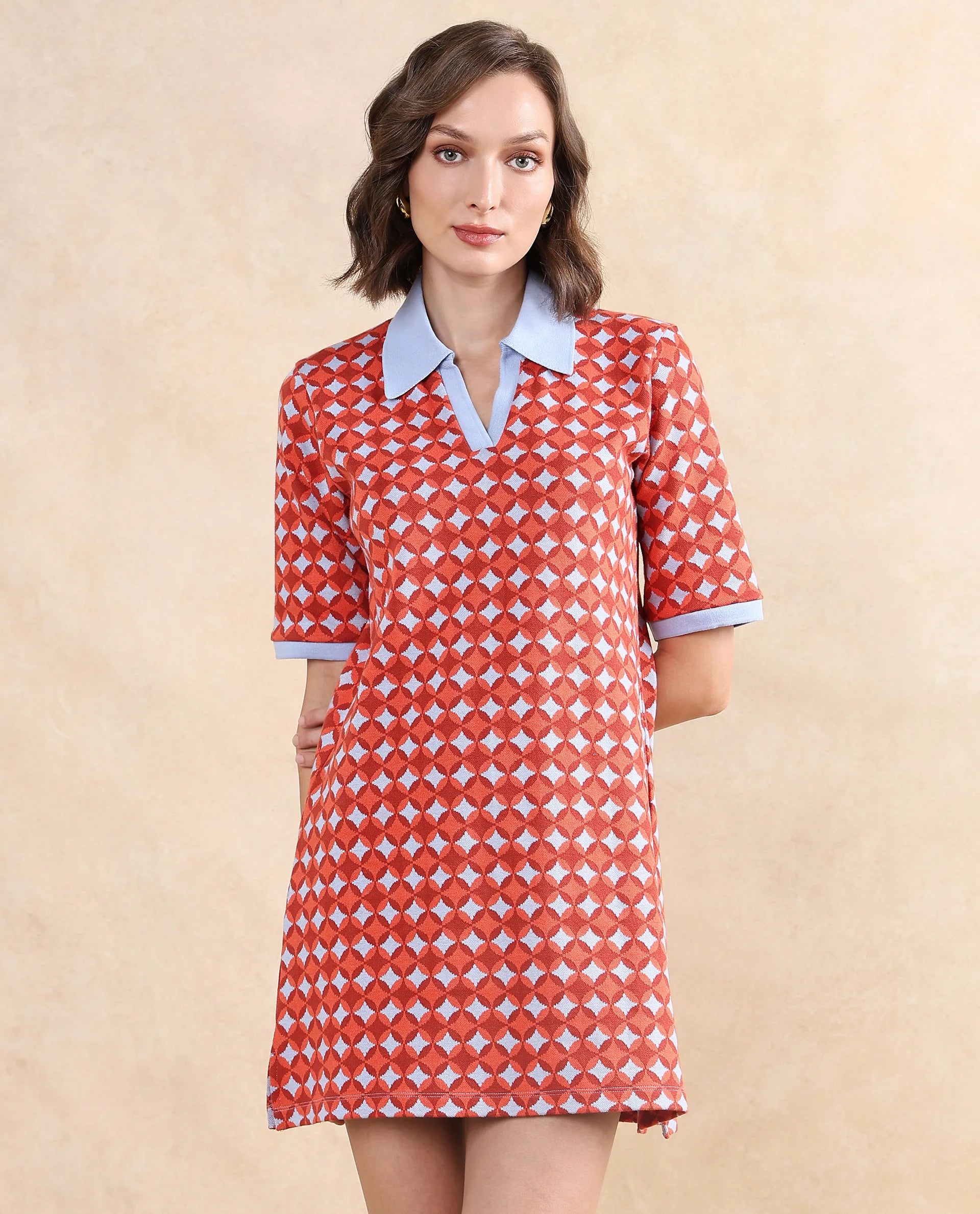 Rareism Women Orri Multi Cotton Fabric Short Sleeve Ribbed Collar Relaxed Fit Midi Geometric Jacquard Dress