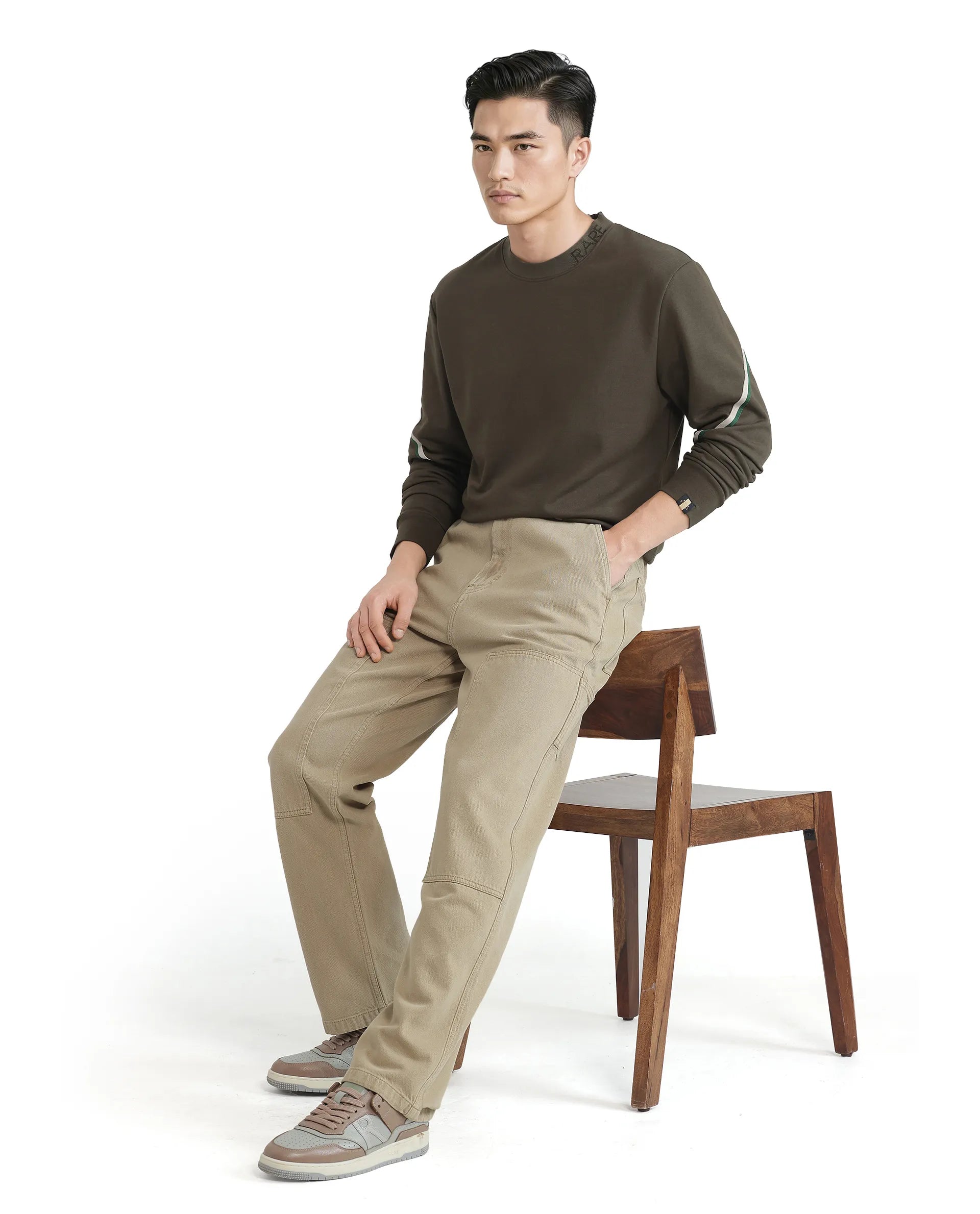 Rare Rabbit Men Orso Olive Cotton Polyester Fabric Full Sleeve Crew Neck Regular Fit Printed Sweatshirt