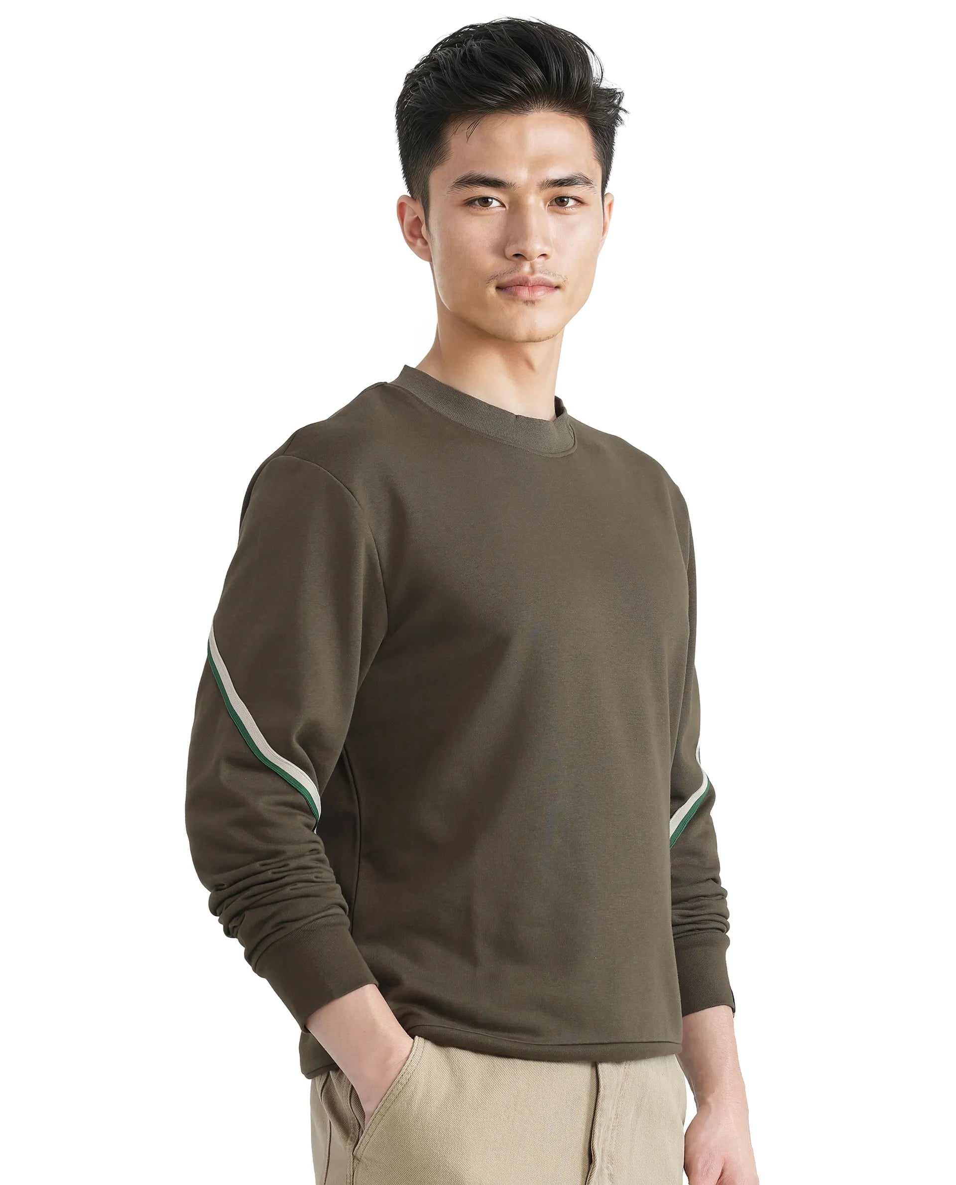 Rare Rabbit Men Orso Olive Cotton Polyester Fabric Full Sleeve Crew Neck Regular Fit Printed Sweatshirt