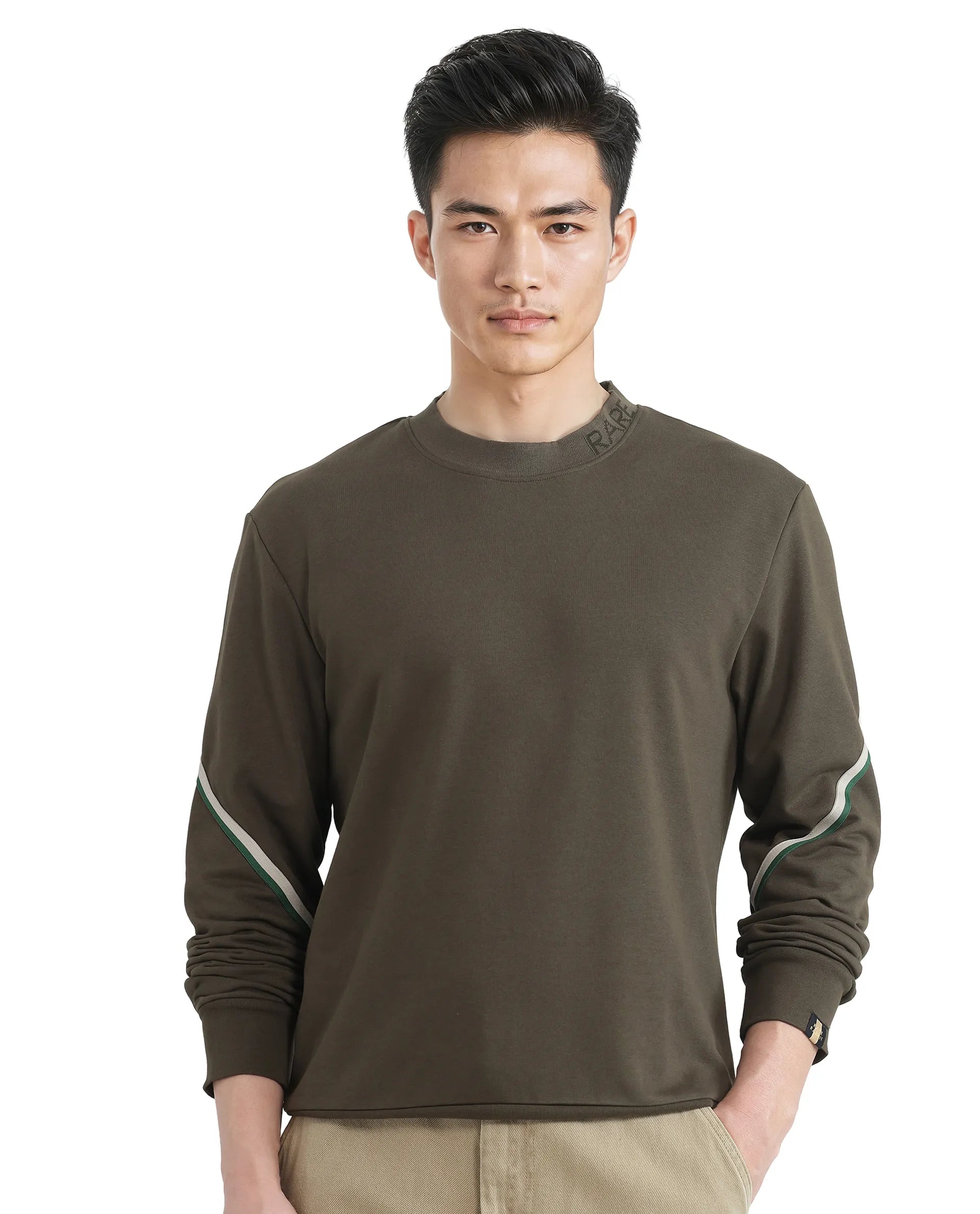 Rare Rabbit Men Orso Olive Cotton Polyester Fabric Full Sleeve Crew Neck Regular Fit Printed Sweatshirt