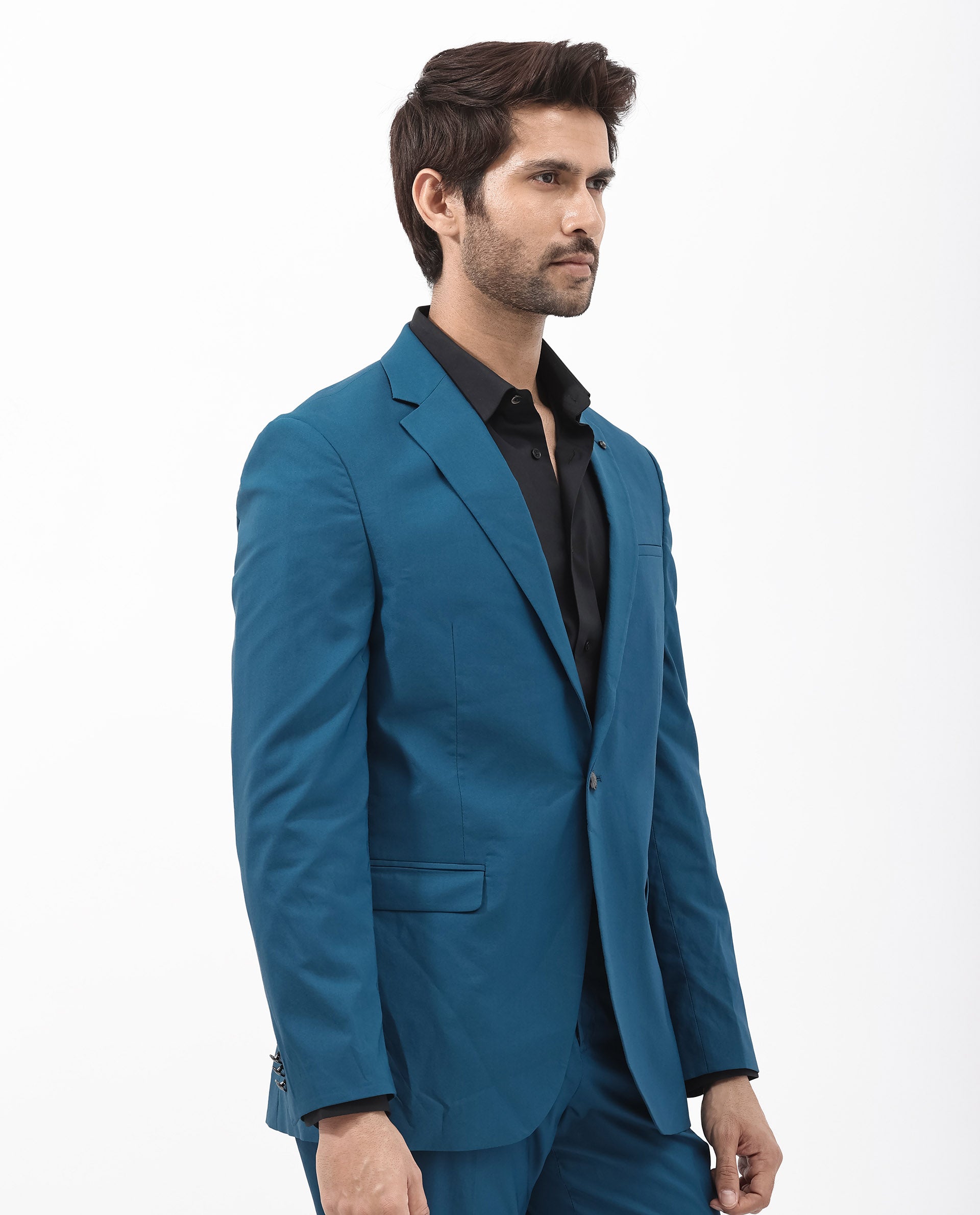 Rare Rabbit Men's Oscar Dark Teal Polyester Viscose Fabric Notch Lapel Button Closure Single Breasted Cavalry Twill Suit