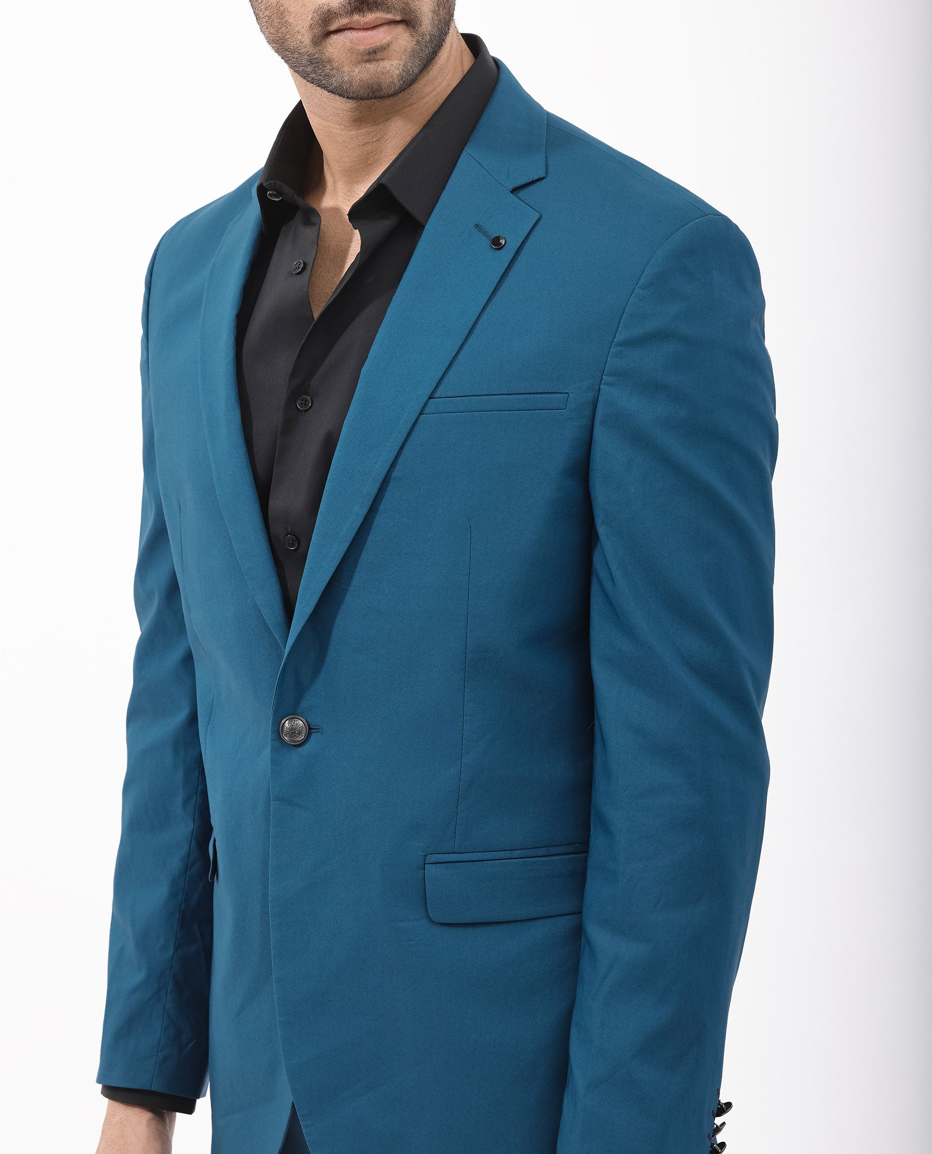 Rare Rabbit Men's Oscar Dark Teal Polyester Viscose Fabric Notch Lapel Button Closure Single Breasted Cavalry Twill Suit