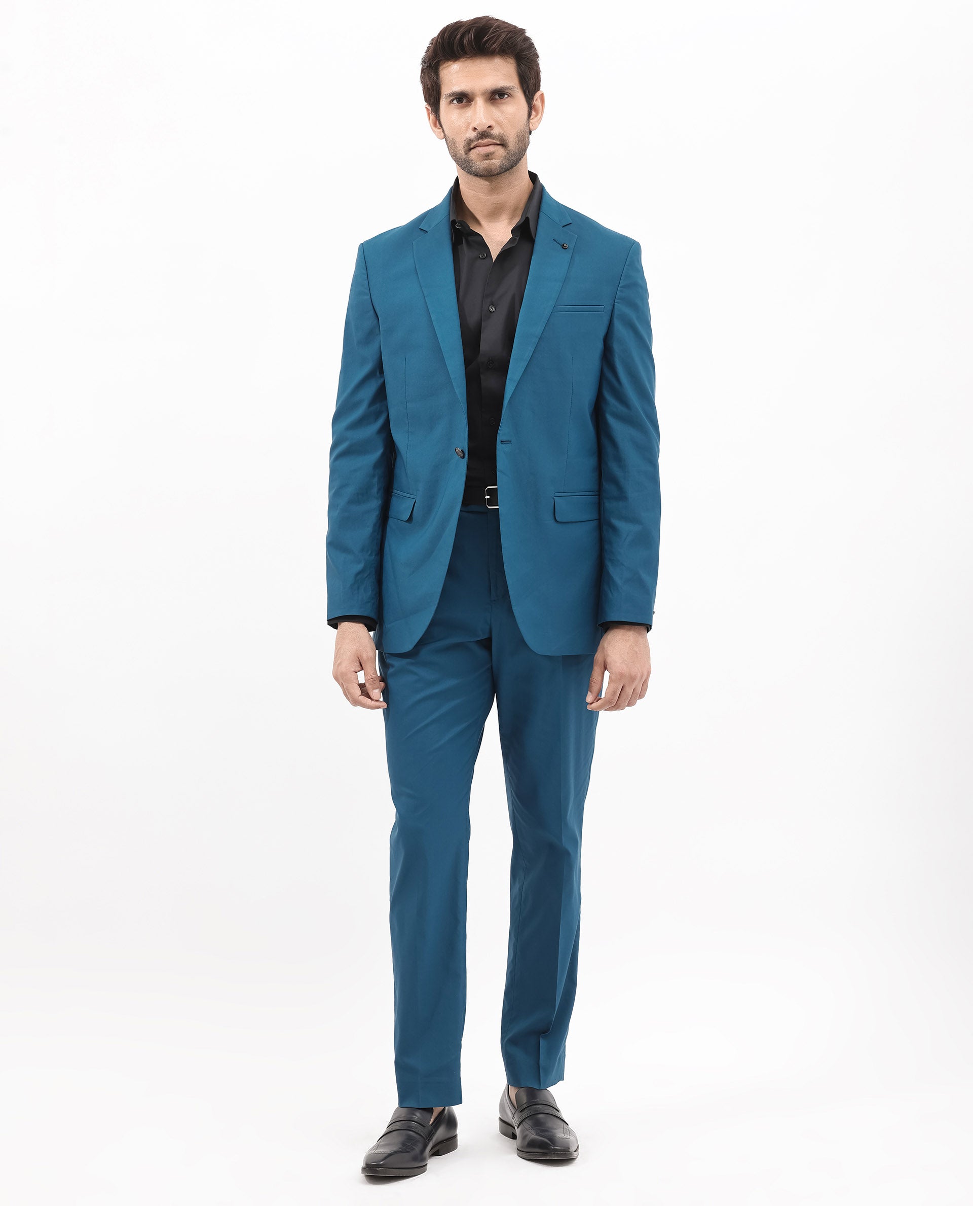 Rare Rabbit Men's Oscar Dark Teal Polyester Viscose Fabric Notch Lapel Button Closure Single Breasted Cavalry Twill Suit