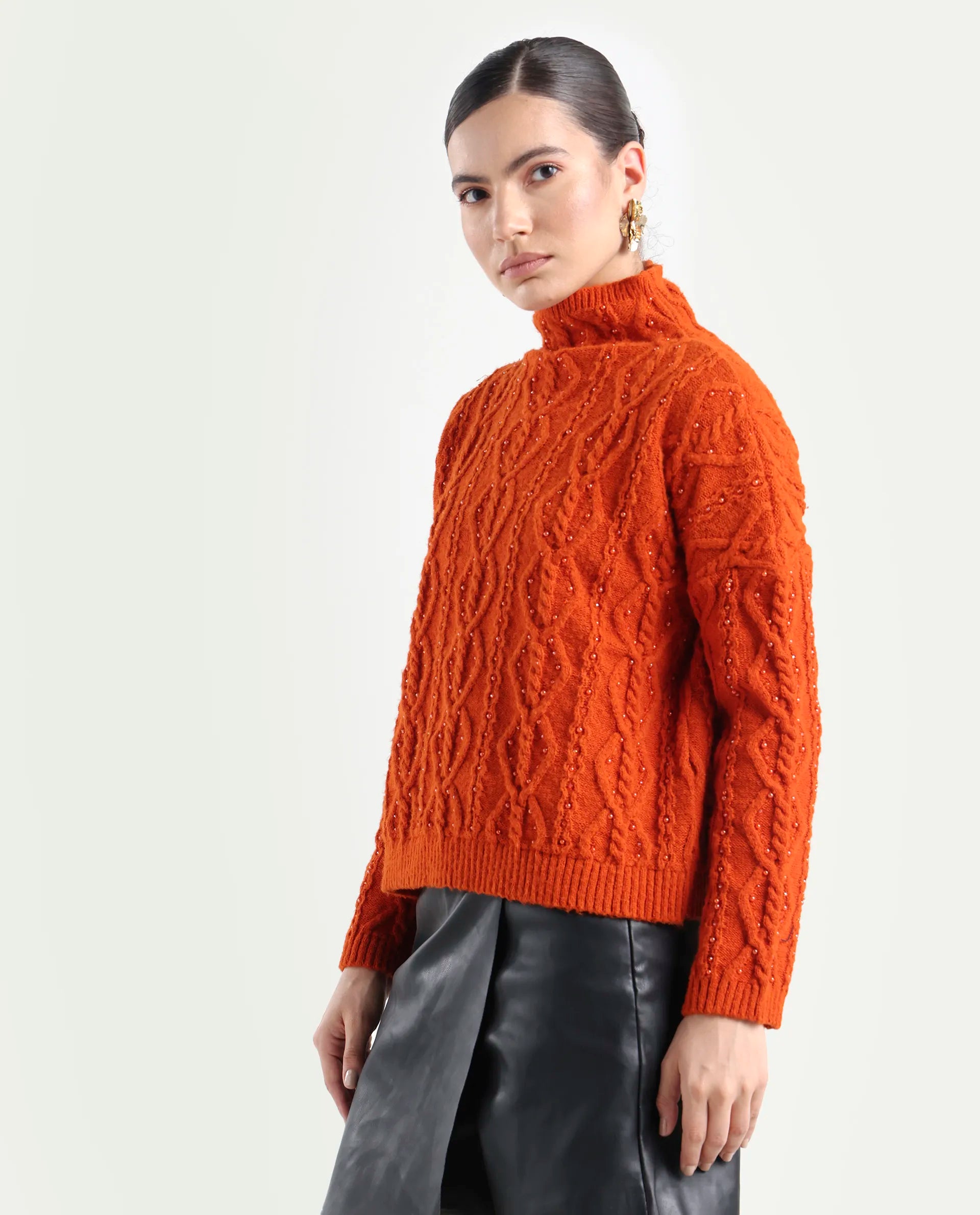 Rareism Women's Osmaniye Rust Polyester High Neck Plain Relaxed Fit Sweater
