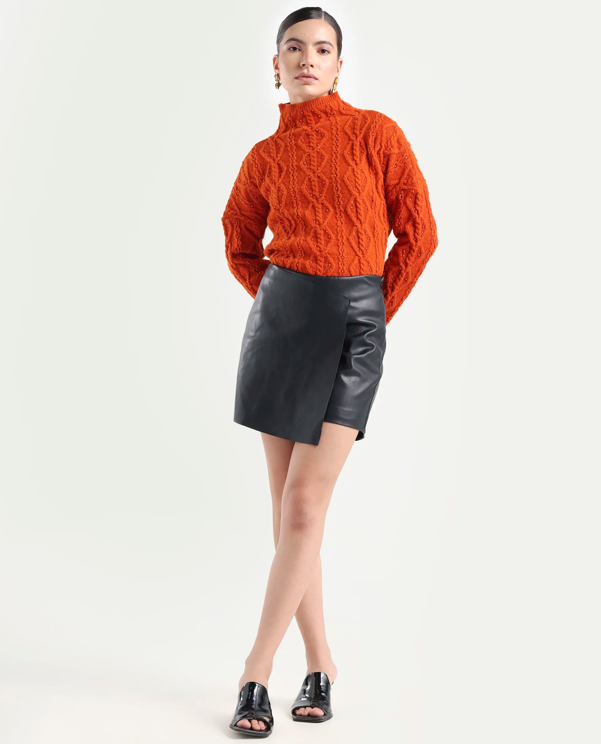 Rareism Women's Osmaniye Rust Polyester High Neck Plain Relaxed Fit Sweater