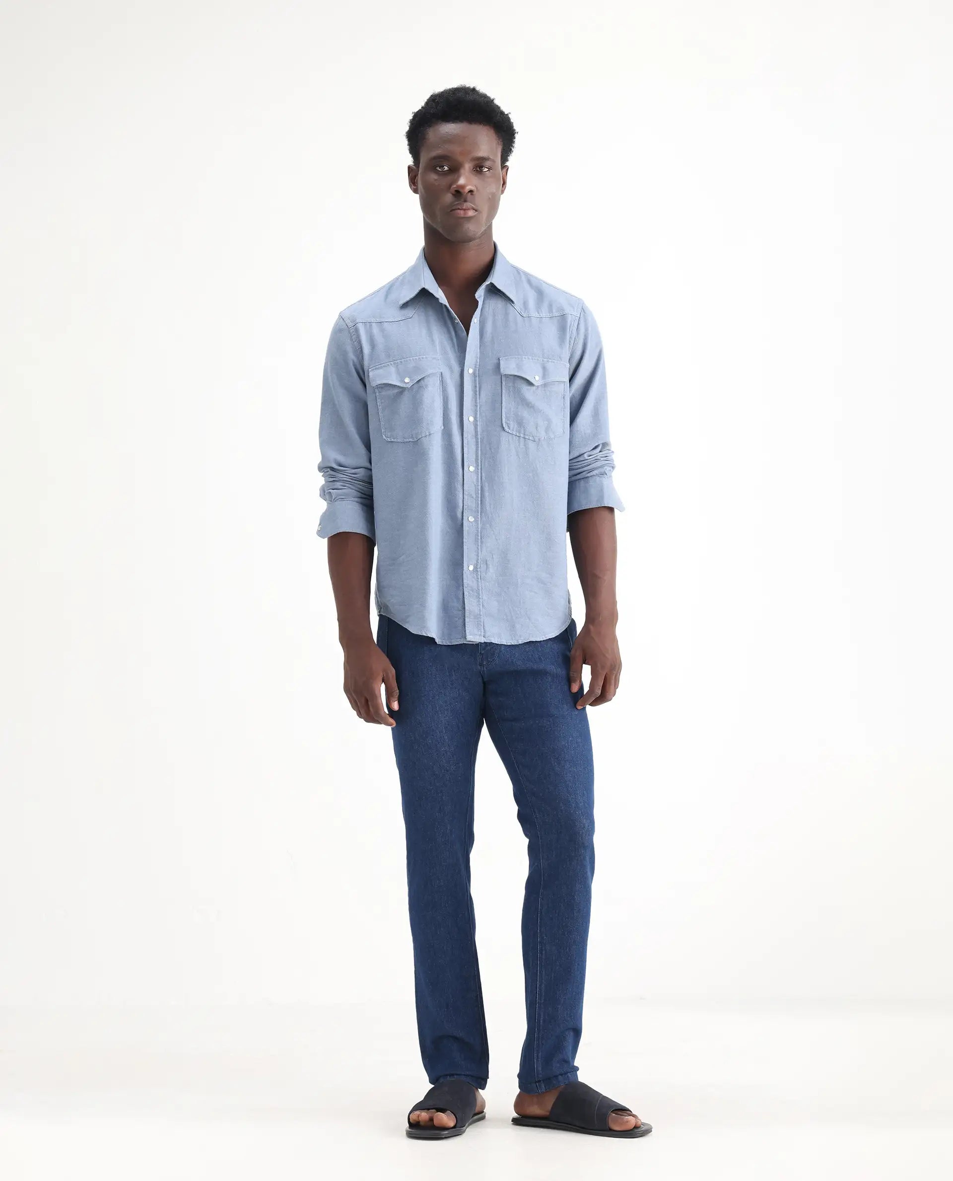 Rare Rabbit Men's Osmar Blue Cotton Plain Hawk Slim Fit Jeans