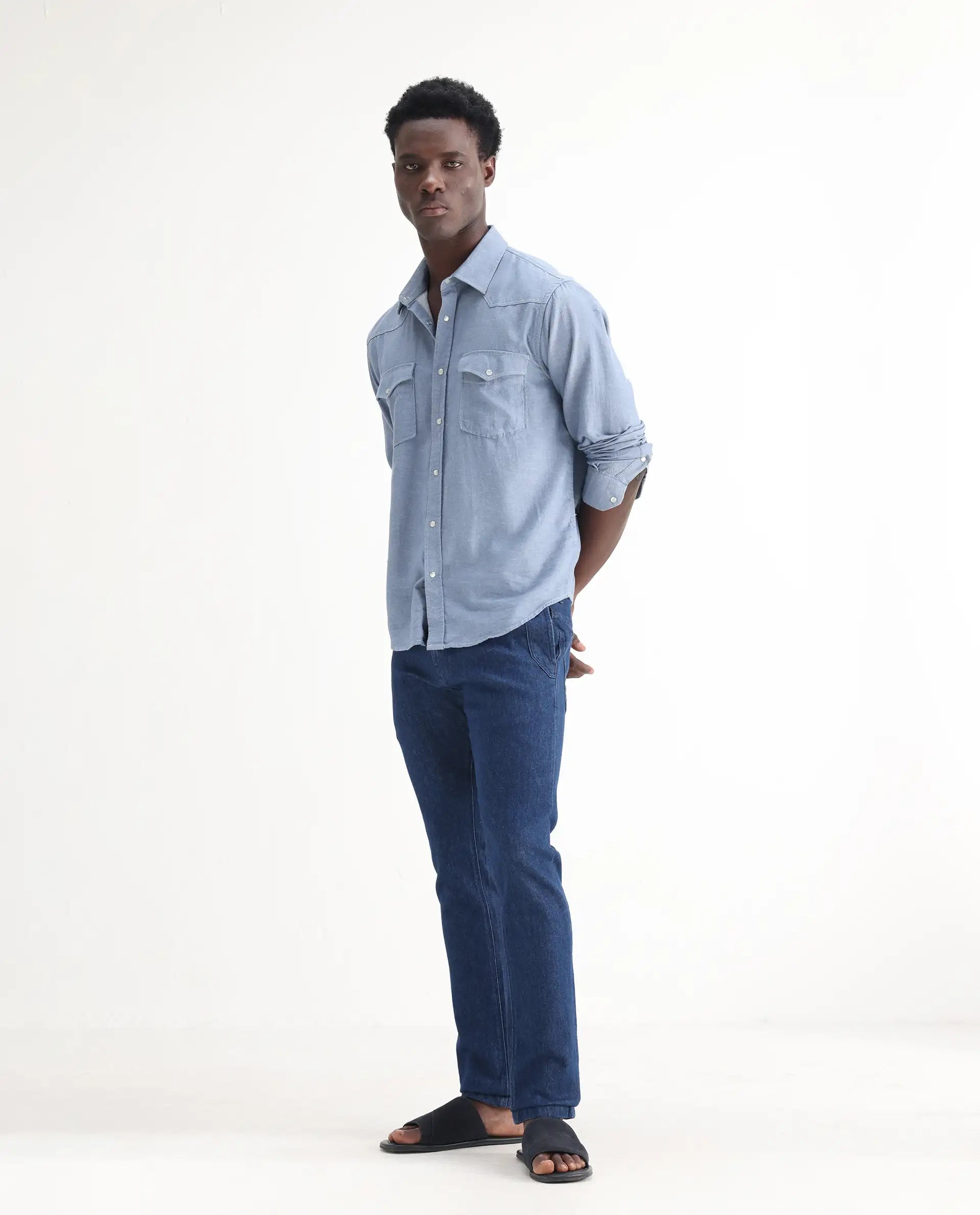 Rare Rabbit Men's Osmar Blue Cotton Plain Hawk Slim Fit Jeans