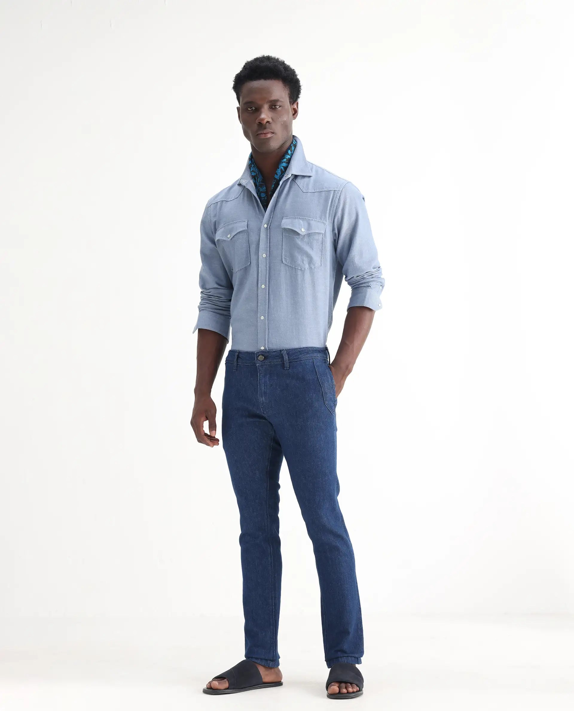 Rare Rabbit Men's Osmar Blue Cotton Plain Hawk Slim Fit Jeans