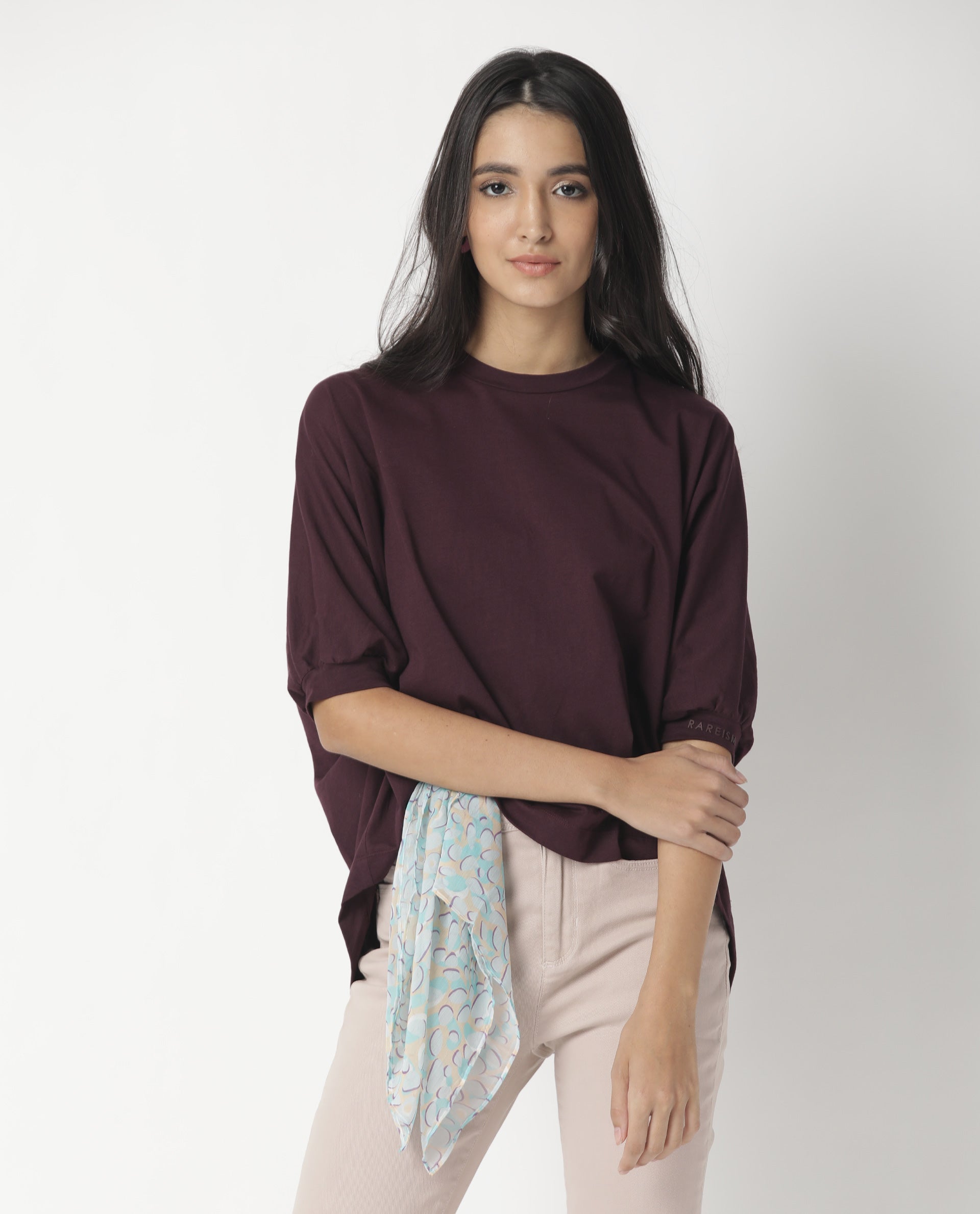 Rareism Womens Osmo Maroon Top Cotton Fabric Regular Fit Volume Sleeve Round Neck