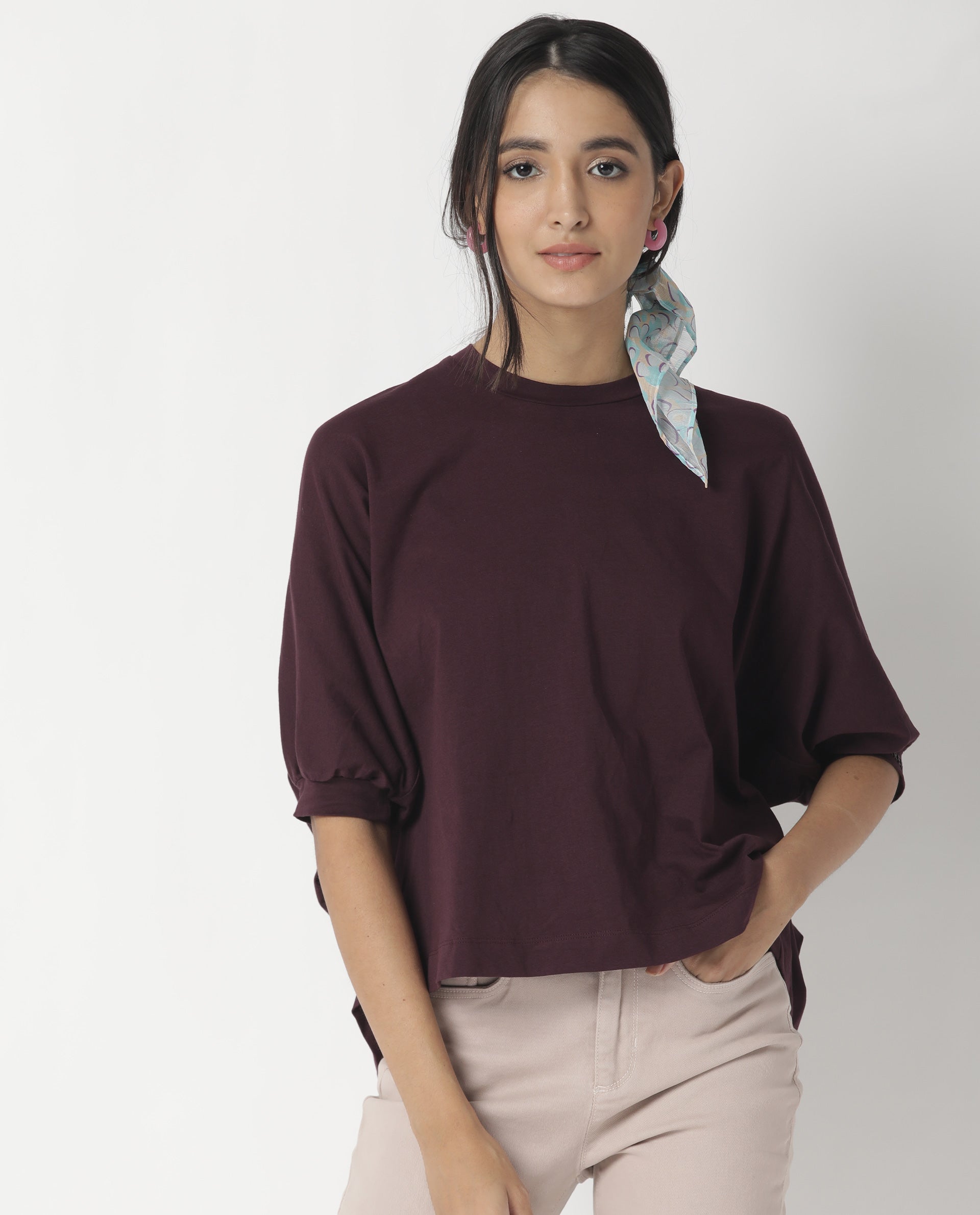 Rareism Womens Osmo Maroon Top Cotton Fabric Regular Fit Volume Sleeve Round Neck