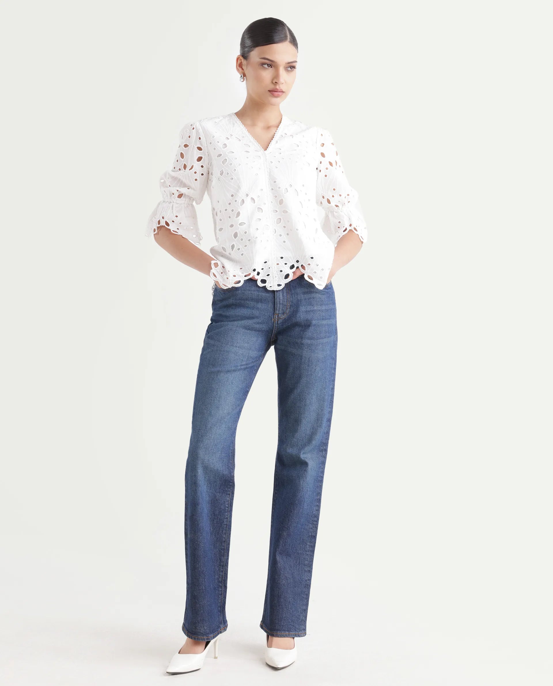 Rareism Women's Osseo Dark Blue Cotton Blend Plain Ankle Length Smart Straight Fit Jeans