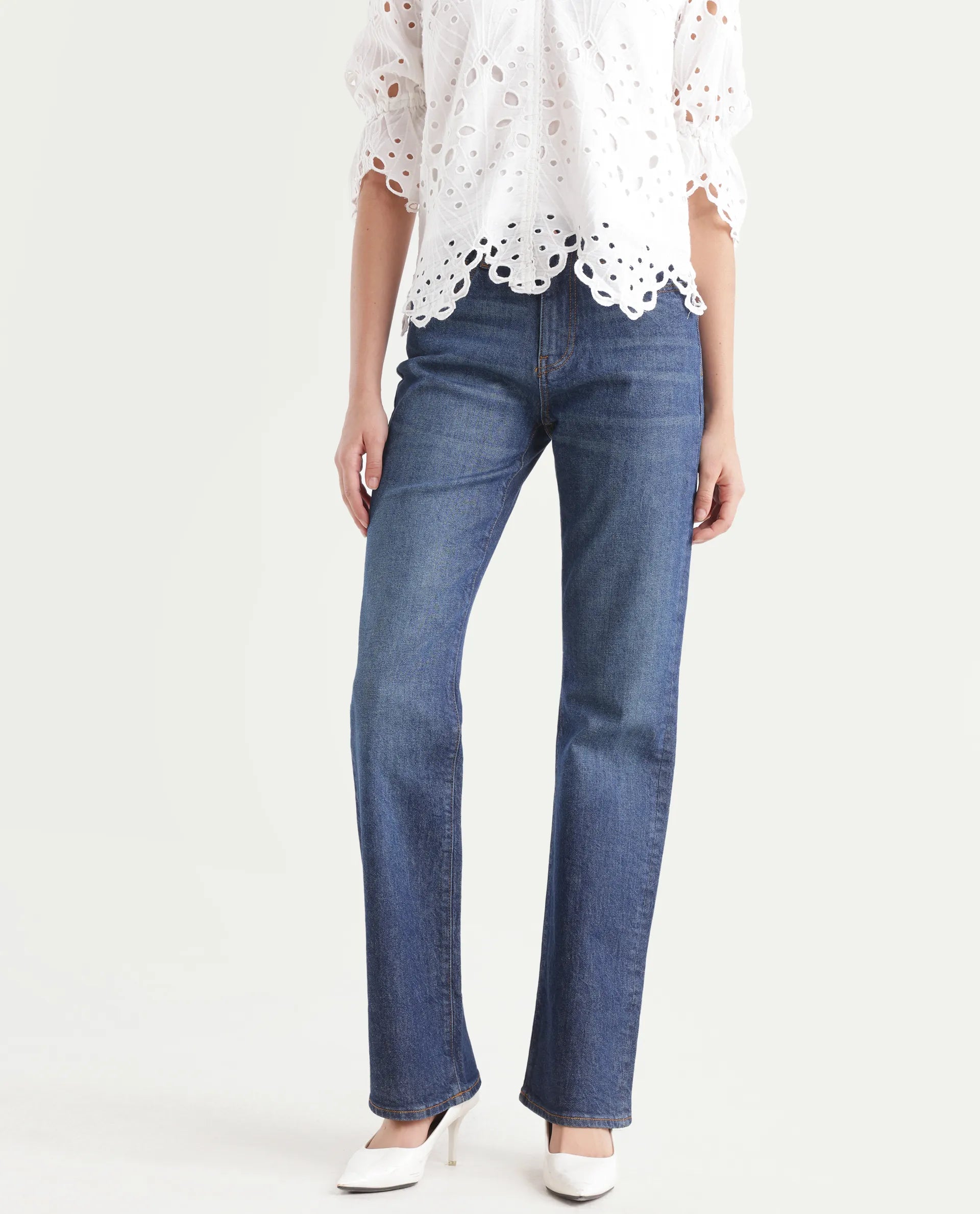 Rareism Women's Osseo Dark Blue Cotton Blend Plain Ankle Length Smart Straight Fit Jeans