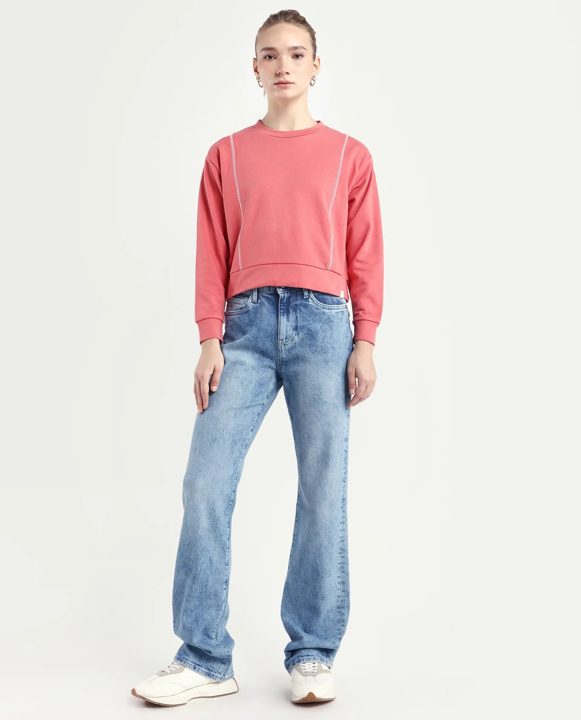 Rareism Women's Osseo Light Blue Cotton Blend Plain Ankle Length Smart Straight Fit Jeans