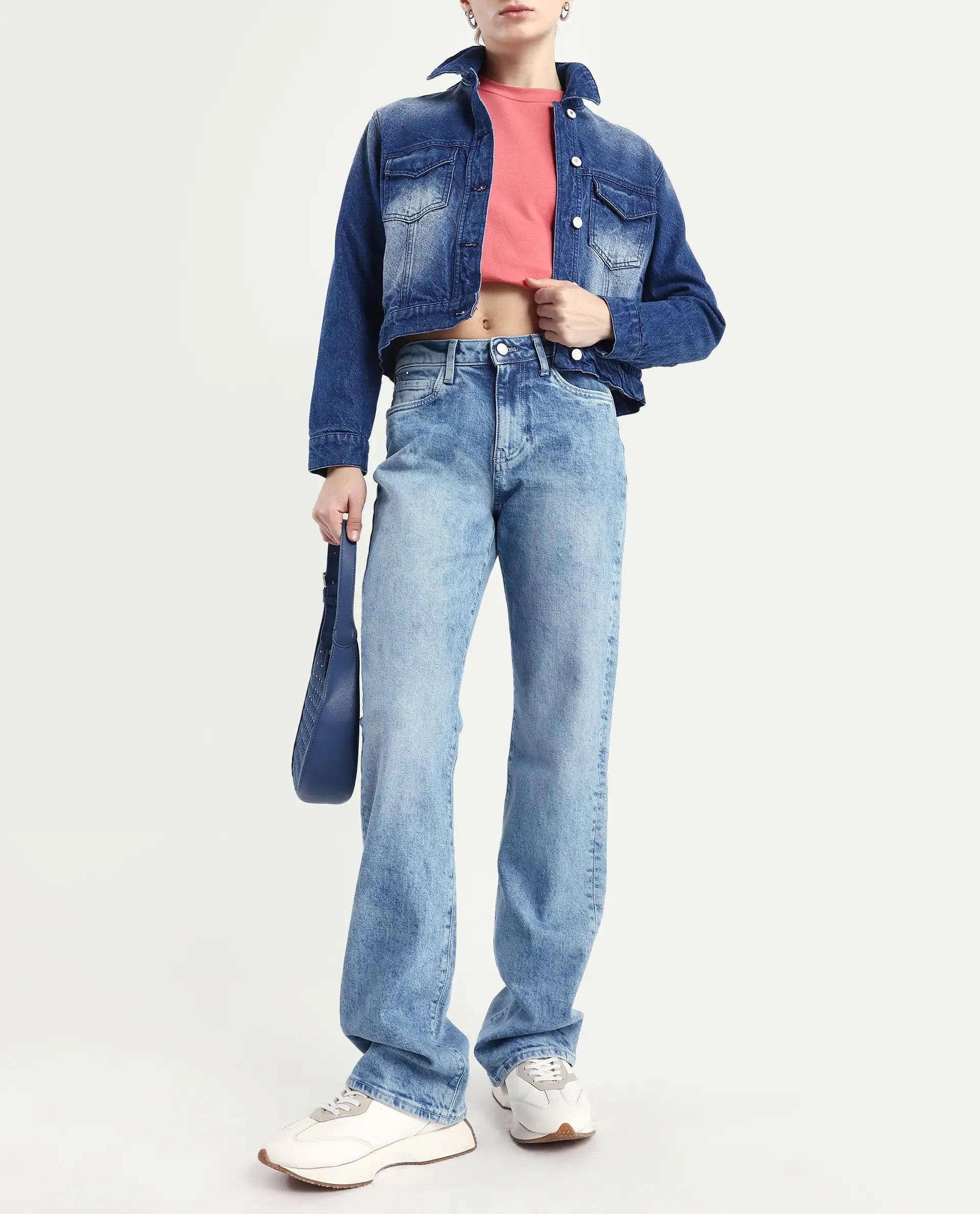 Rareism Women's Osseo Light Blue Cotton Blend Plain Ankle Length Smart Straight Fit Jeans