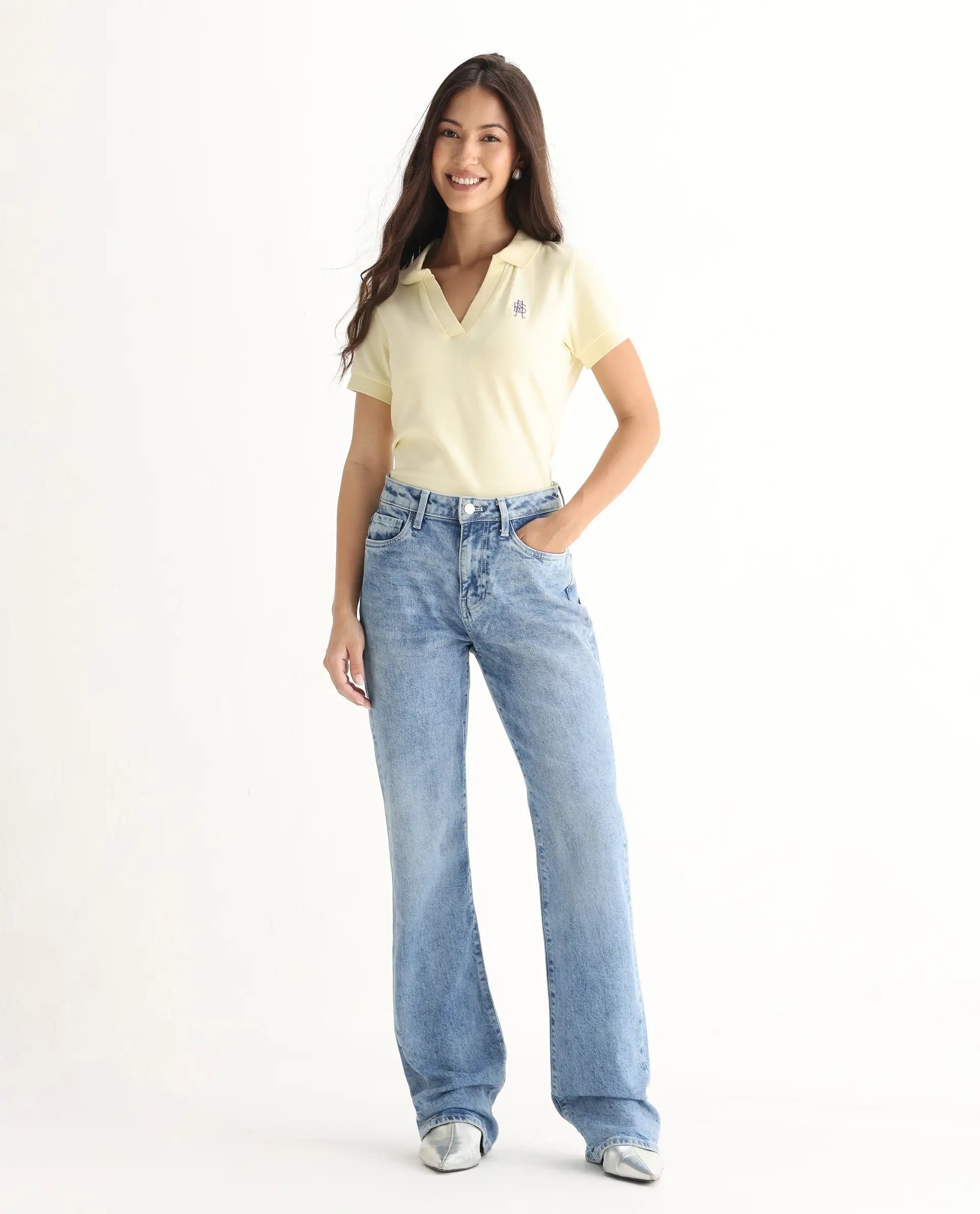 Rareism Women's Osseo Pastel Blue Cotton Blend Plain Ankle Length Smart Straight Fit Jeans