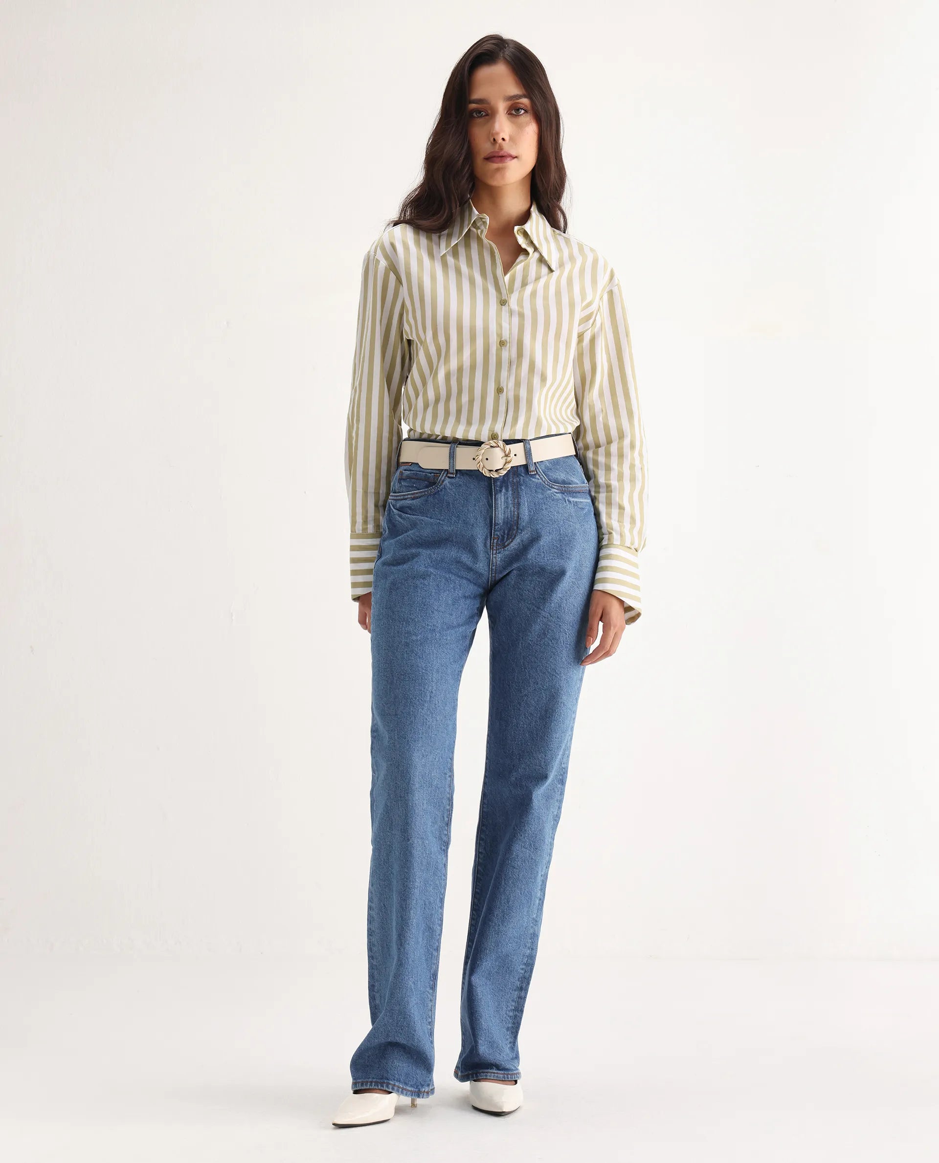 Rareism Women's Osseo Blue Cotton Blend Plain Ankle Length Smart Straight Fit Jeans