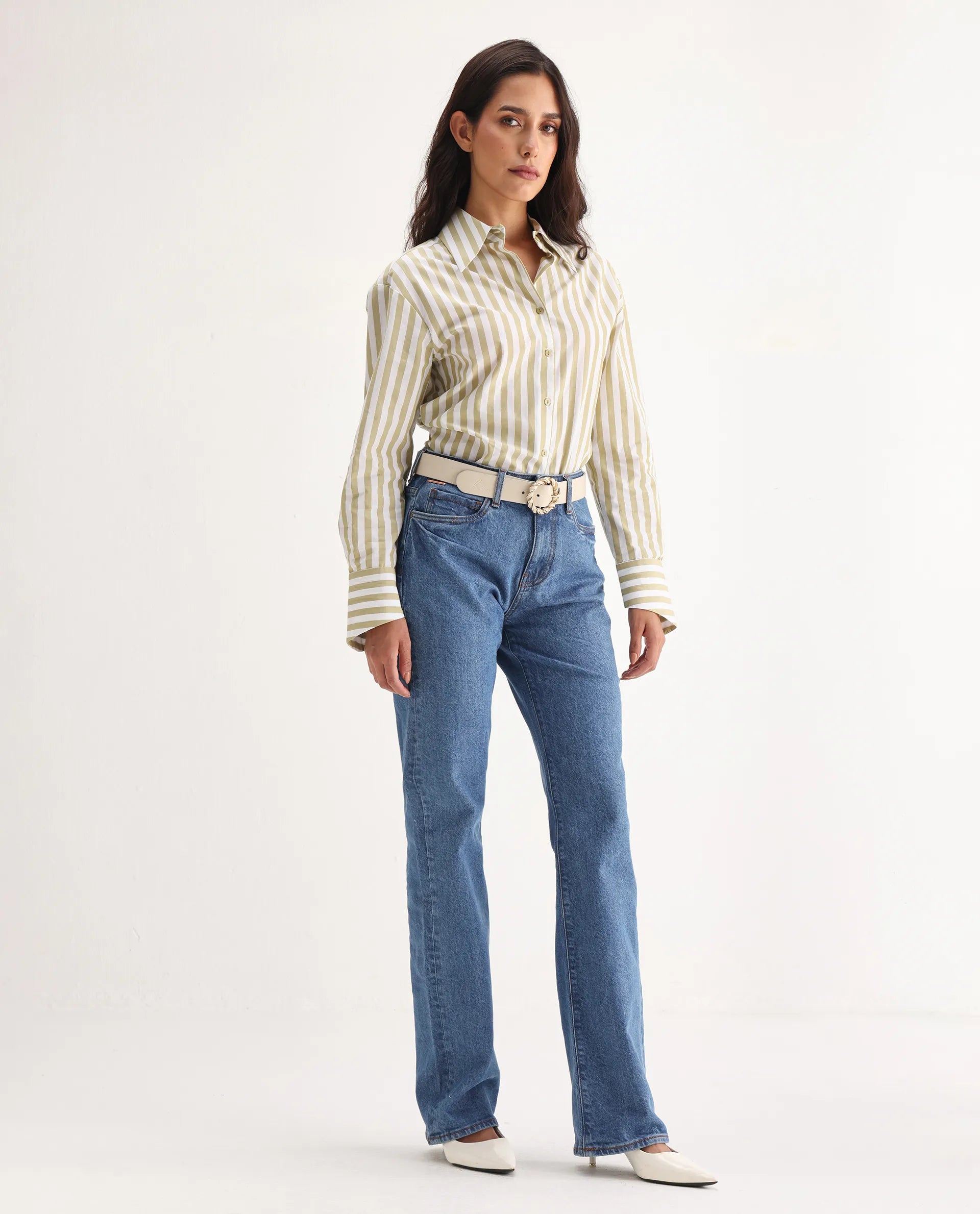 Rareism Women's Osseo Blue Cotton Blend Plain Ankle Length Smart Straight Fit Jeans