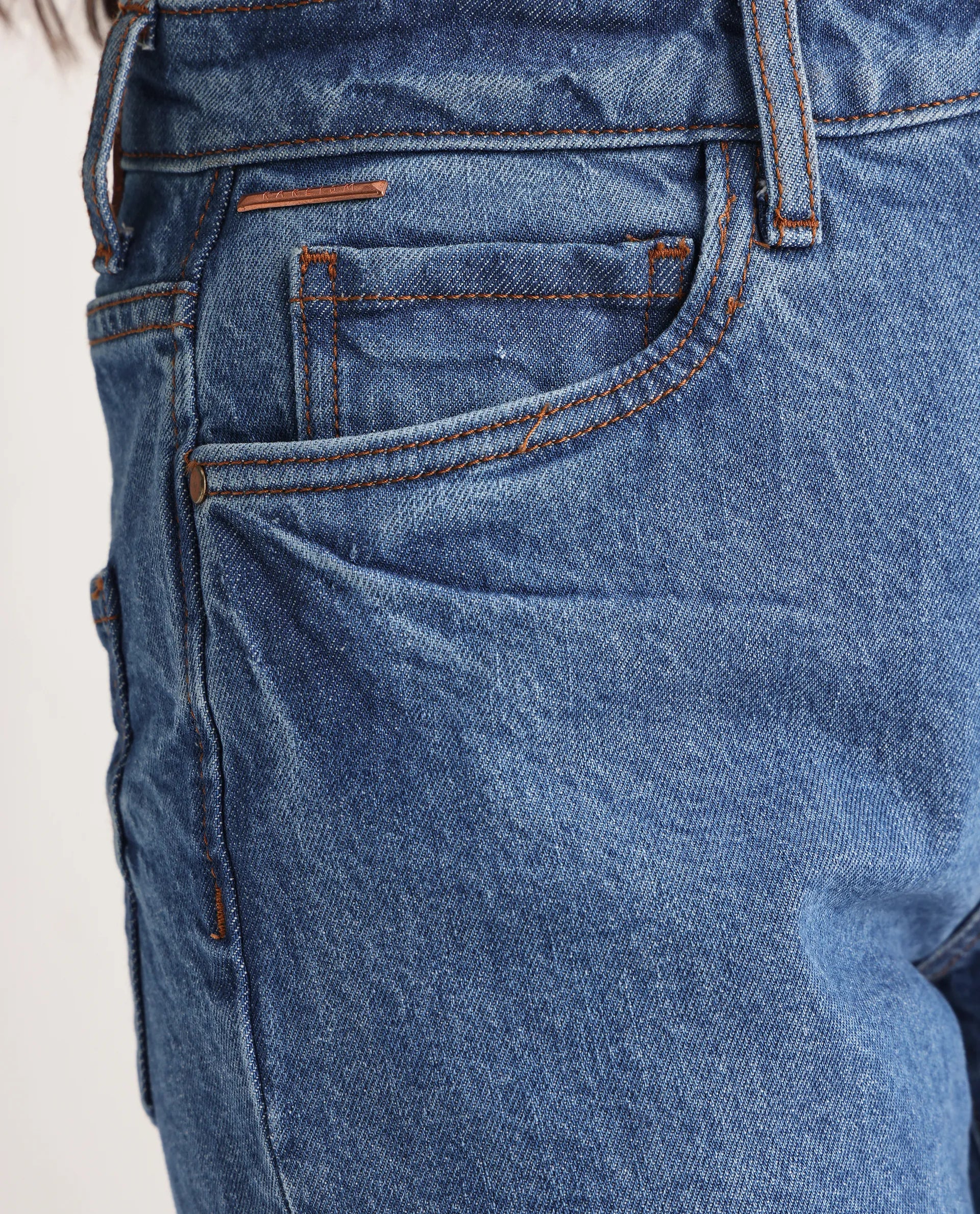 Rareism Women's Osseo Blue Cotton Blend Plain Ankle Length Smart Straight Fit Jeans