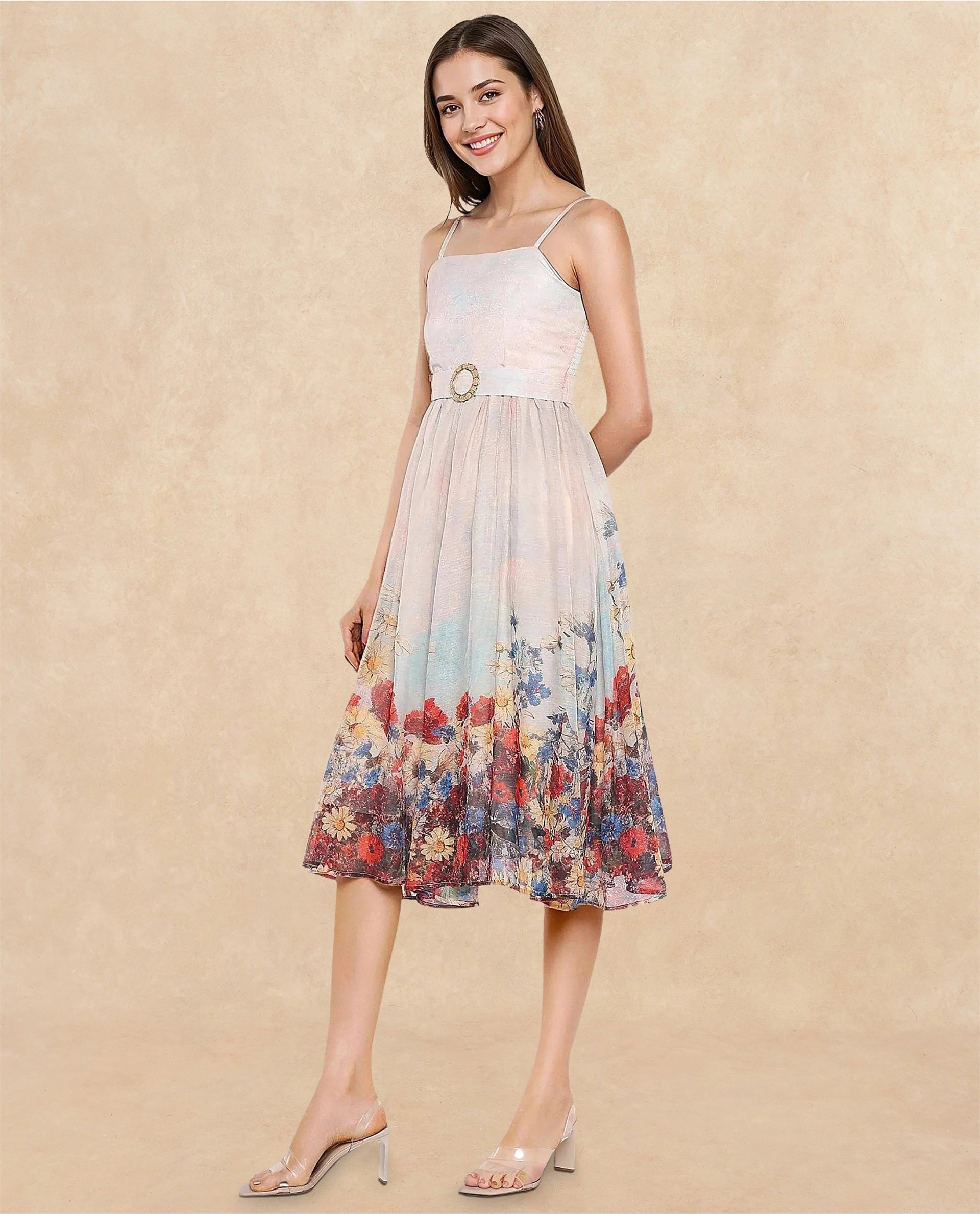 Rareism Women Osthu Light Multi Poly Blend Fabric Sleeveless Tube Neck Midi Floral Print Dress