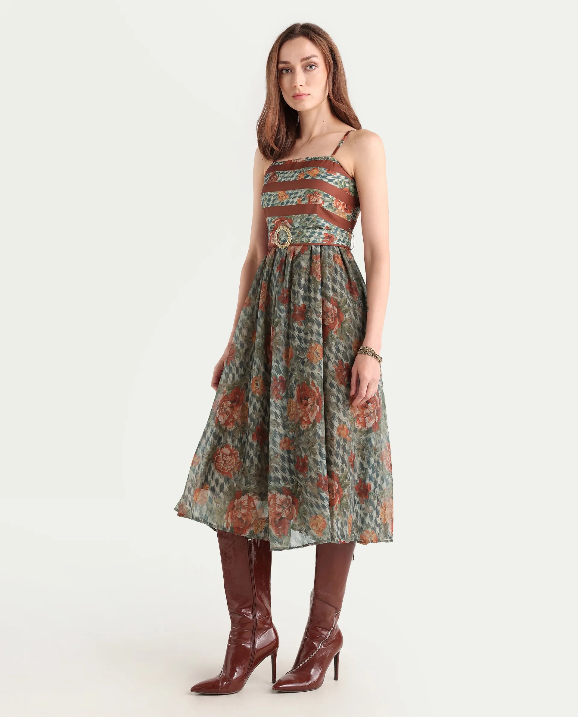 Rareism Women's Ostig Multi Satin Tube Neck Floral Print Sleeveless Midi Fit And Flare Dress