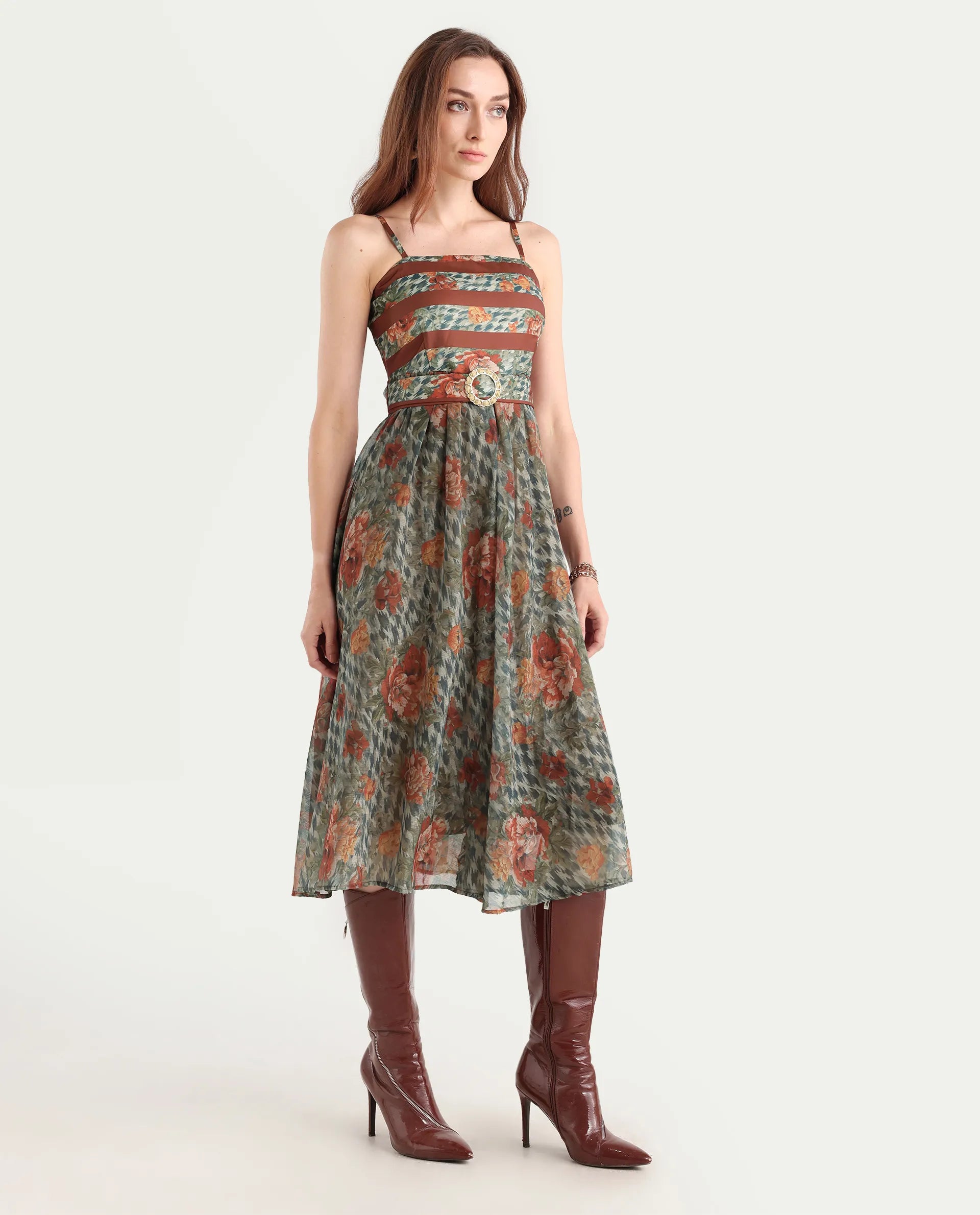 Rareism Women's Ostig Multi Satin Tube Neck Floral Print Sleeveless Midi Fit And Flare Dress