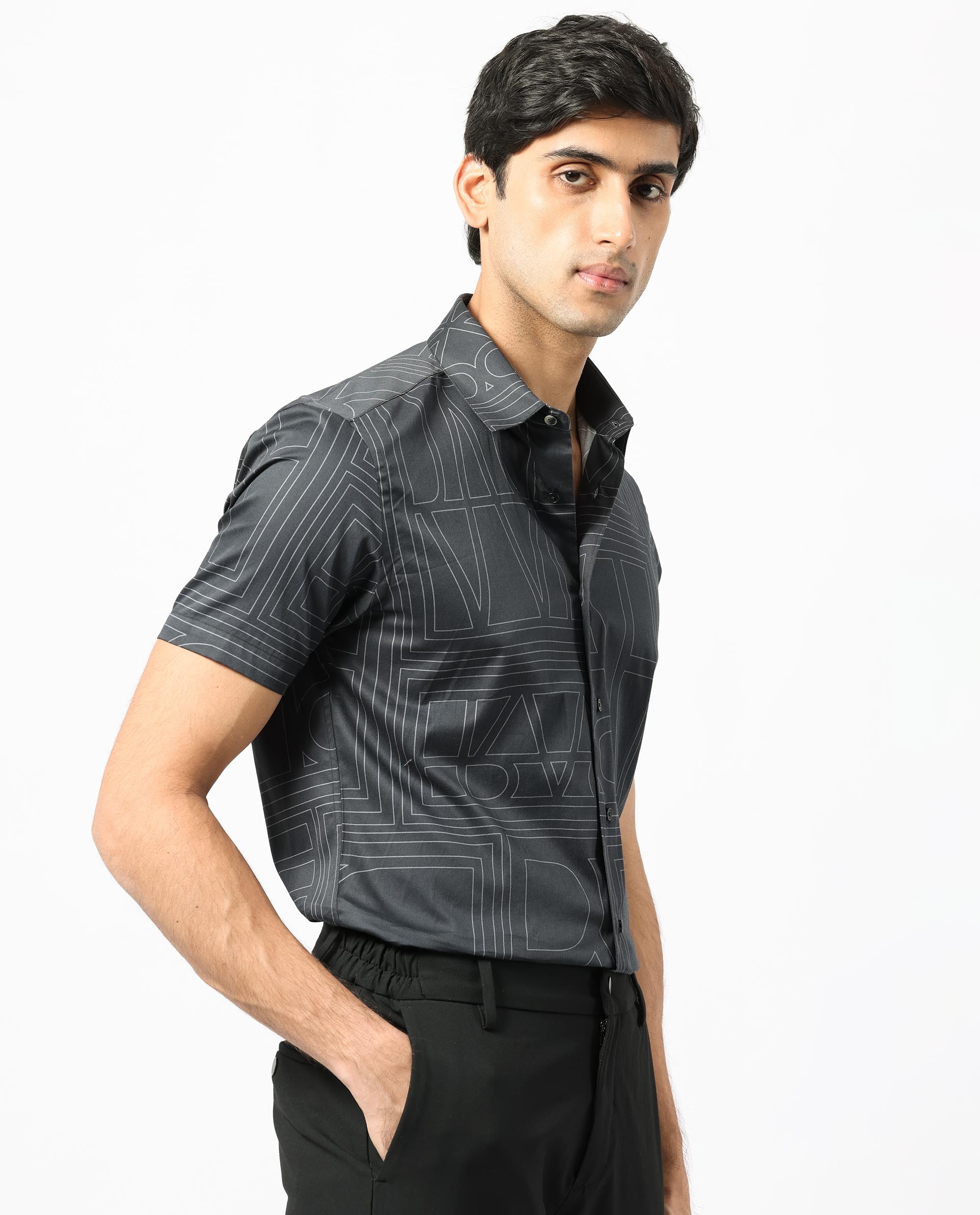 Rare Rabbit Men's Osuna Black Cotton Fabric Graphic Print Half Sleeves Statement Shirt