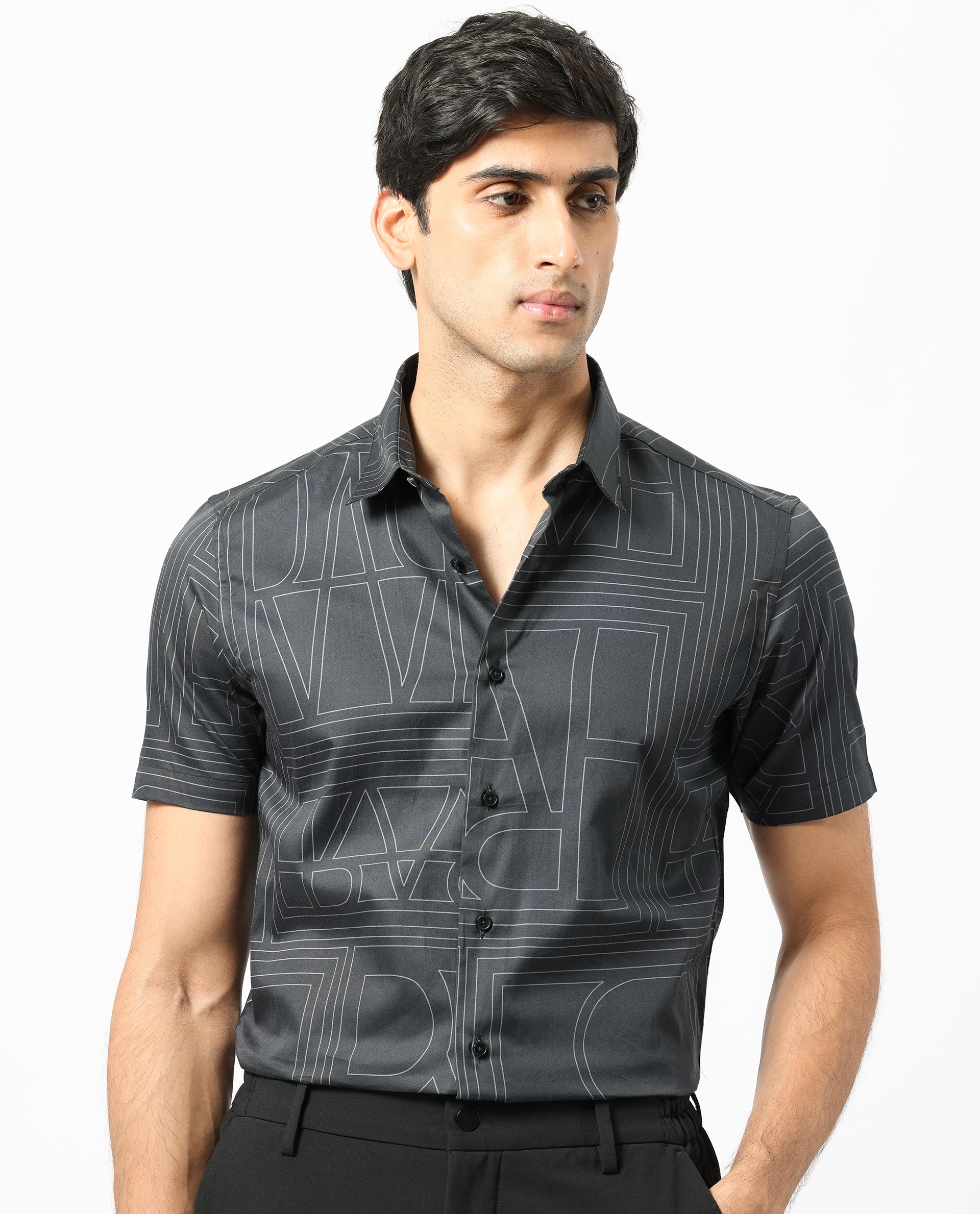 Rare Rabbit Men's Osuna Black Cotton Fabric Graphic Print Half Sleeves Statement Shirt