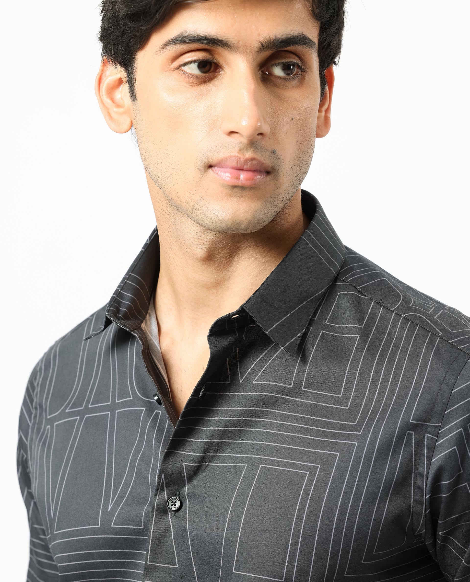 Rare Rabbit Men's Osuna Black Cotton Fabric Graphic Print Half Sleeves Statement Shirt