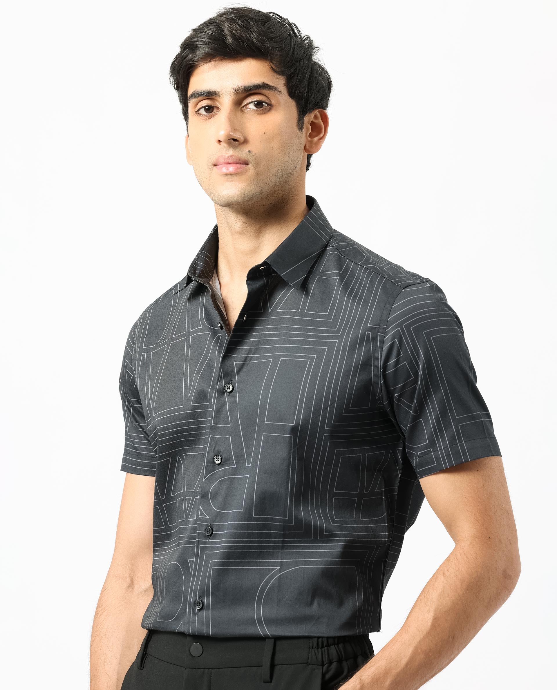 Rare Rabbit Men's Osuna Black Cotton Fabric Graphic Print Half Sleeves Statement Shirt