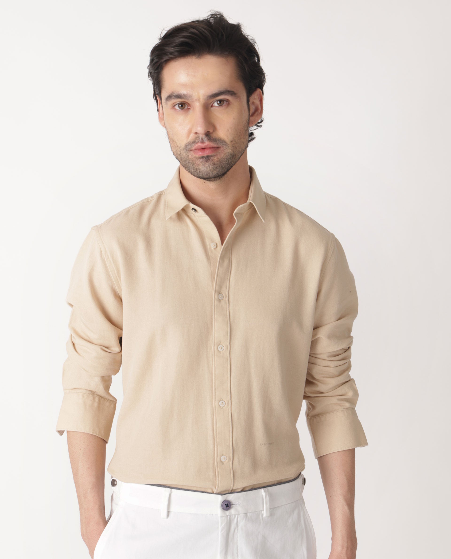 Rare Rabbit Mens Otago Beige Cotton Fabric Full Sleeves Regular Fit Solid Twill Shirt