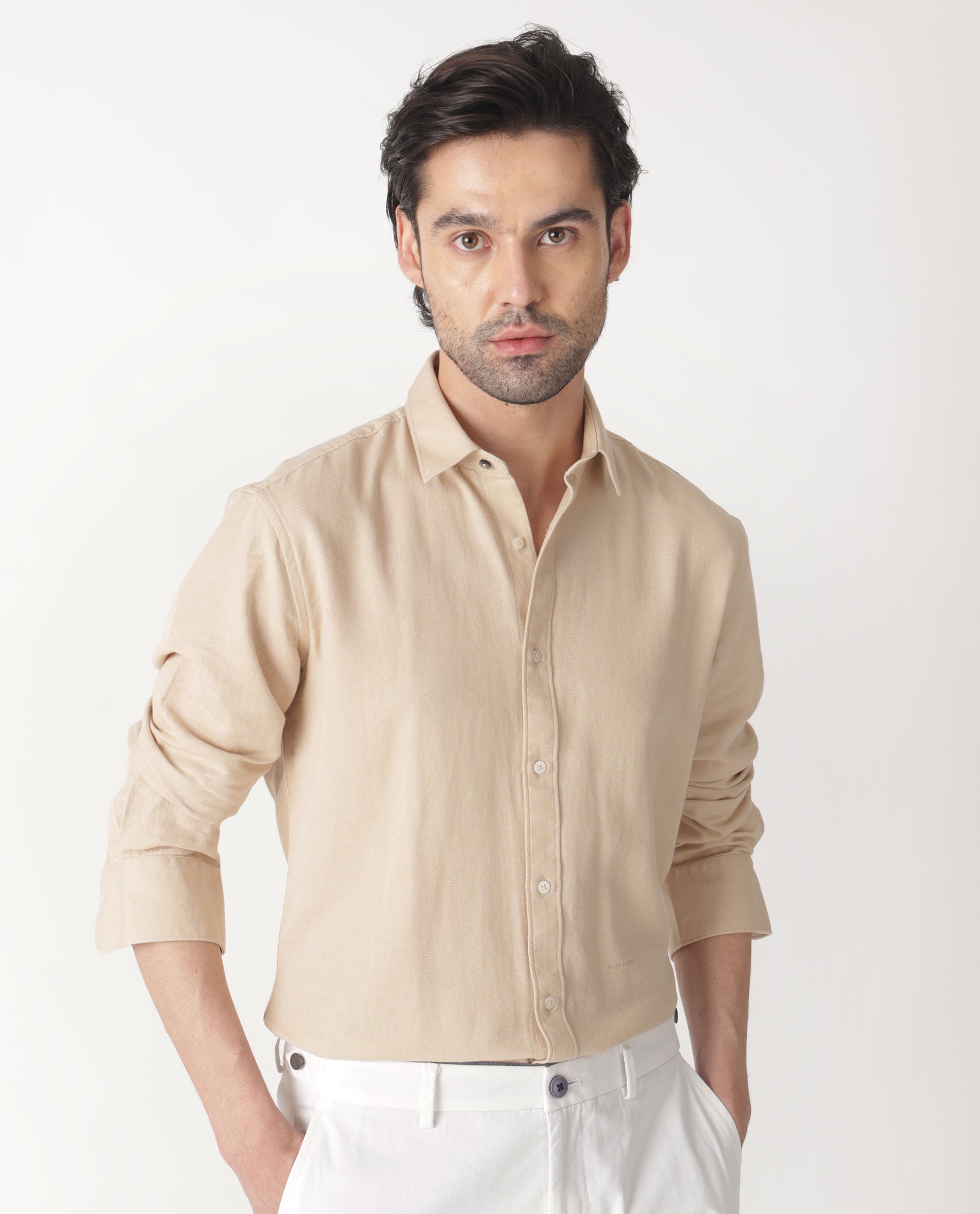 Rare Rabbit Mens Otago Beige Cotton Fabric Full Sleeves Regular Fit Solid Twill Shirt