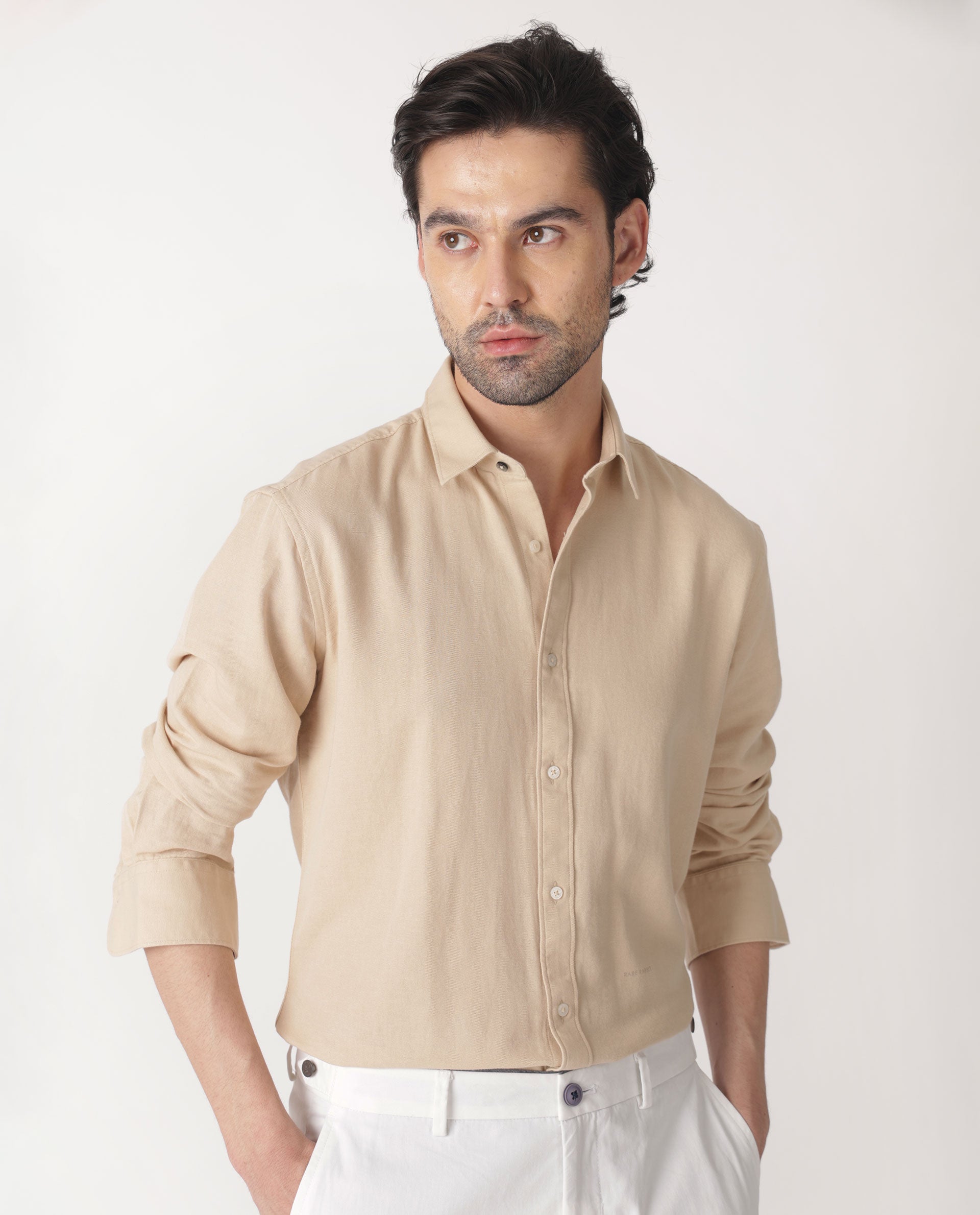 Rare Rabbit Mens Otago Beige Cotton Fabric Full Sleeves Regular Fit Solid Twill Shirt