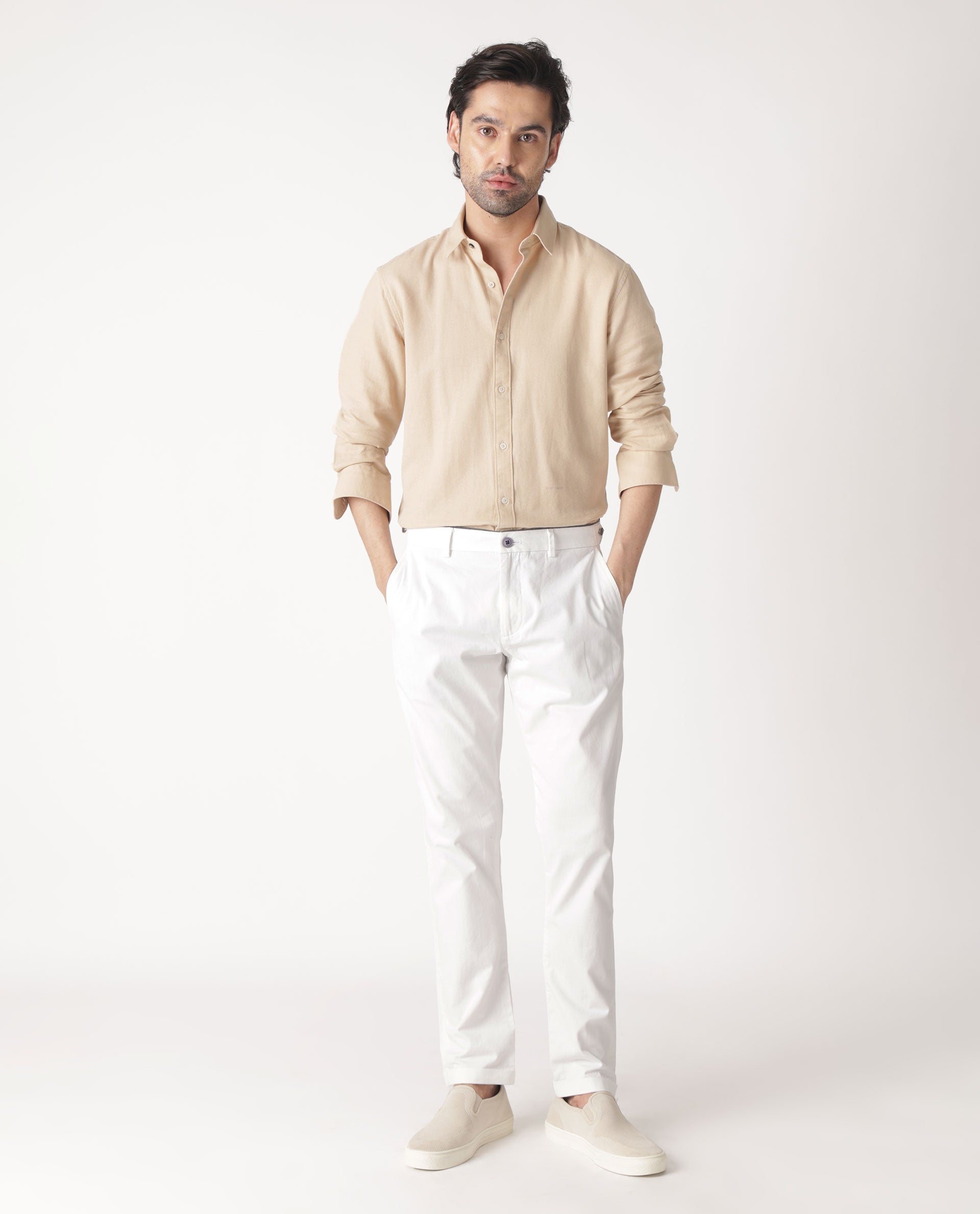 Rare Rabbit Mens Otago Beige Cotton Fabric Full Sleeves Regular Fit Solid Twill Shirt